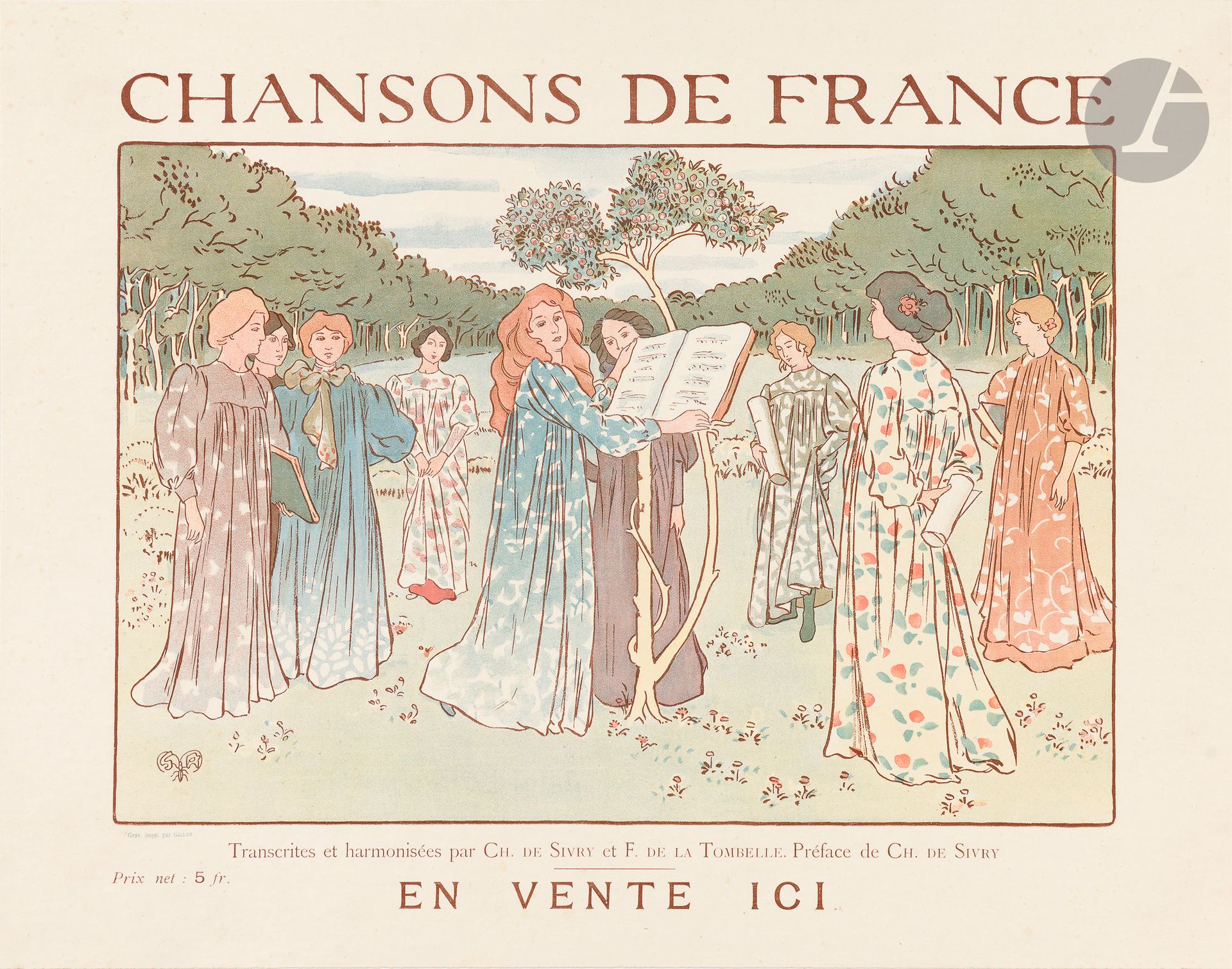 George Auriol (Jean-Georges Huyot, dit) (1863-1938) (d’après)
Chansons de France. Titre de mélodie. Vers 1888. Gillotage. 366x290. Fields 254. Impression en couleurs. Très belle épreuve sur vélin mince, doublée sur vélin blanc et entoilée. Toutes marges.