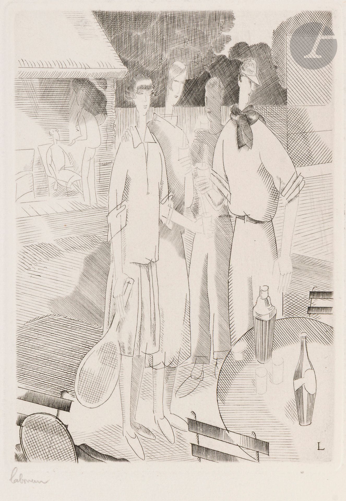 Jean-Émile Laboureur (1877-1943)
Le Tennis. (Pl. 5 pour N. Toye et A.H. Adair, Petits et grands verres, Paris, Au Sans Pareil, 1927). Burin. 100x140. Laboureur 342. Parfaite épreuve sur vélin blanc, signée au crayon. Toutes marges.