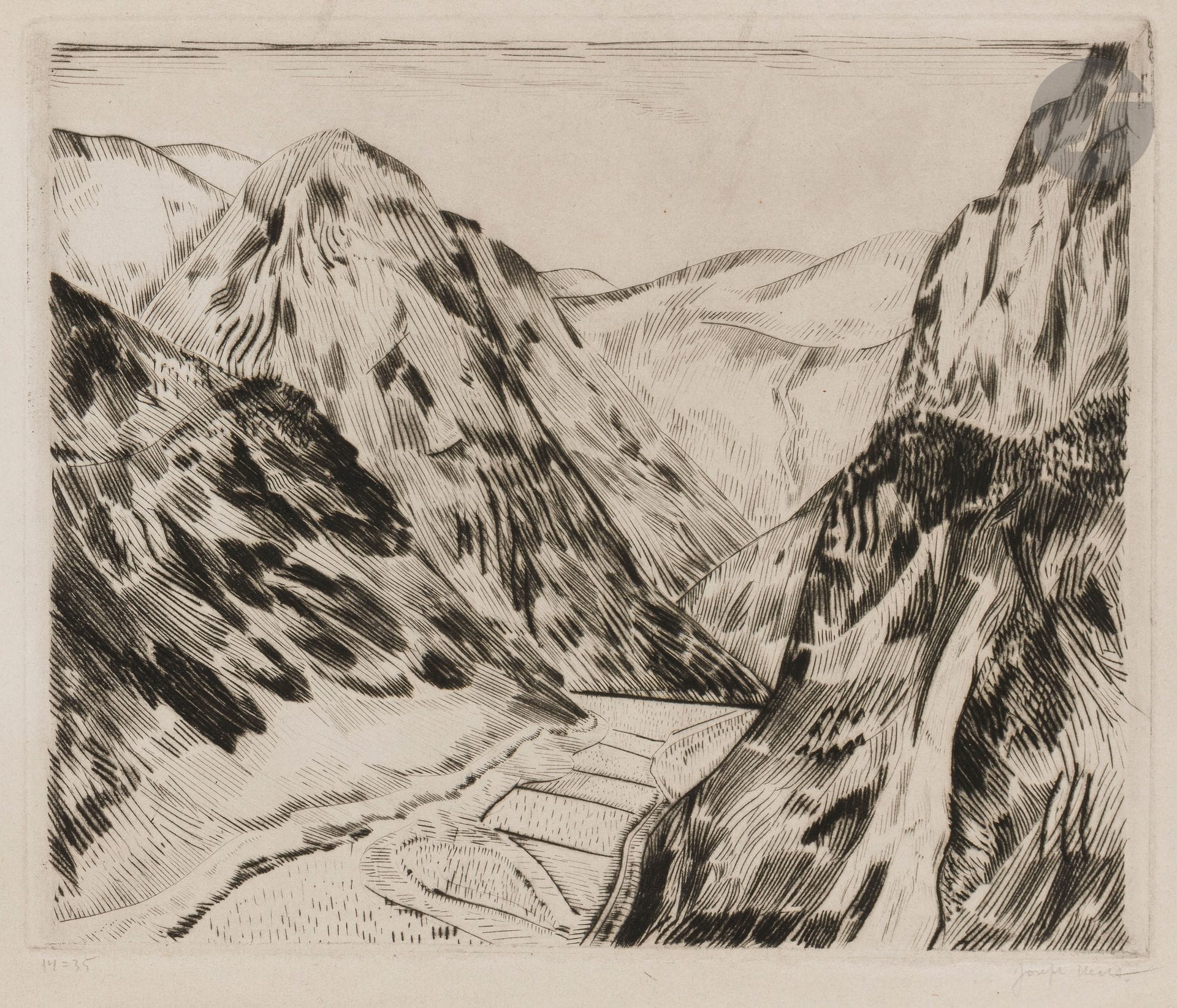 Joseph (Józef) Hecht (polonais, 1891-1951)
Dans la montagne. 1920-1923. Pointe sèche. 300x250. Plumart-Tonneau-Ryckelynck 77. Belle épreuve sur vergé de Montval (filigrane: brochet), numérotée et signée au crayon. Plis le long du bord supérieur du feuillet. Quelques petites taches rousses en marge inférieure. Toutes marges. Tirage à 35 épreuves.