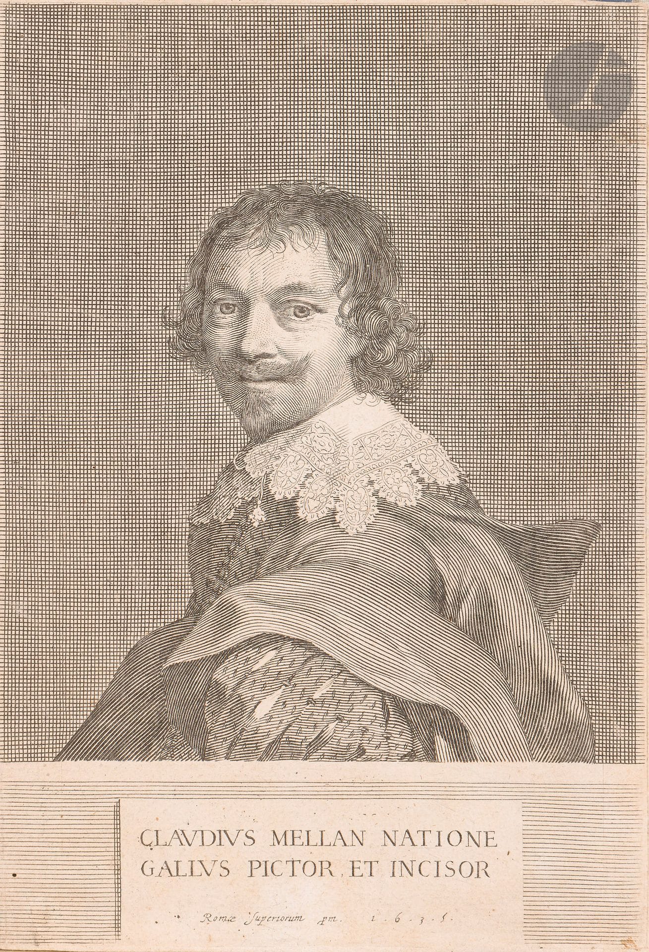 Claude Mellan (1601-1688)
Autoportrait. 1635. Burin. 152x222. Préaud 172. Belle épreuve sur vergé, du 1er état (sur 2), avant réduction du cuivre, rognée sur le coup de planche, oxydée. Fortes traces de colle sur le pourtour au verso. Joint: même sujet. 116x152. Belle épreuve sur vergé, du 2e état (sur 2), le cuivre réduit, la lettre modifiée, à l’adresse d’Odieuvre (après 1688), parue dans L’Europe illustre. Légère oxydation du feuillet. Bonnes marges. Ens. 2 p.