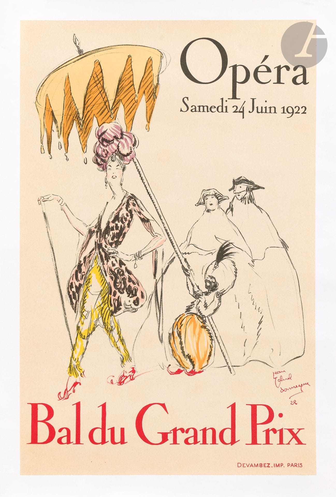 Jean-Gabriel Domergue (1899-1962)
Opera Saturday, June 24, 1922. Grand Prix Ball. 1922. Lithograph. [387x590]. Printed in color. Very fine proof on ivory vellum, lined on heavy vellum and canvas-backed. Full margins. 

A great lover of festivities, the 23-year-old Domergue organized the "Bal des mille beautés" at the Opéra on June 24, 1922, on the theme of 18th-century Venice: the huge stage was draped in black velvet, and the edges of the boxes were adorned with antique tapestries and large golden shawls. An elegant audience, wearing Venetian hats, cloaks and gowns, makes this a grand spectacle and a critically acclaimed total work of art. Until 1960, the artist was an arbiter of elegance and organizer of famous parties.