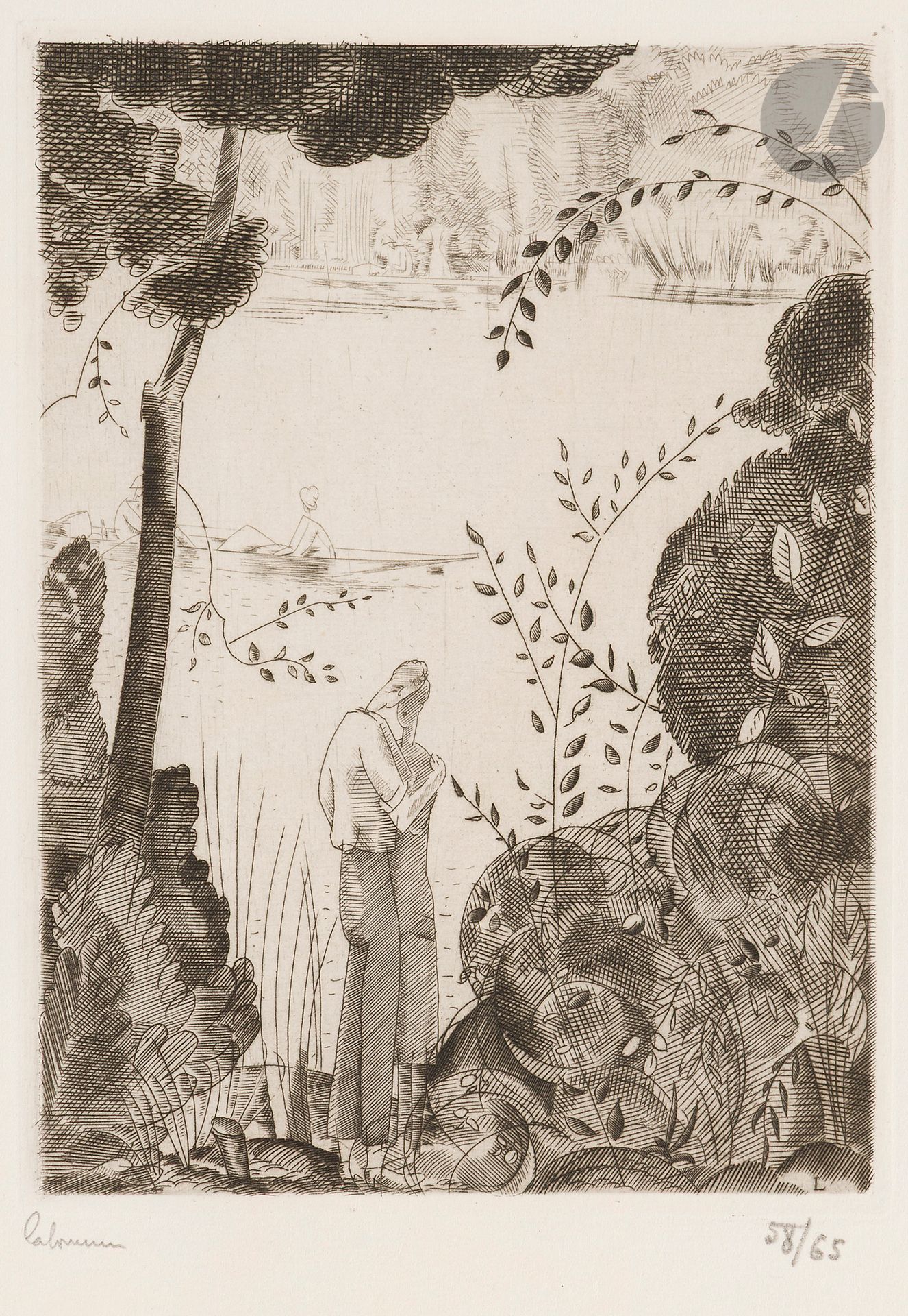 Jean-Émile Laboureur (1877-1943)
Les Amoureux du bord de l’eau. 1925. Burin. 113x152. Laboureur 311. Parfaite épreuve sur vélin blanc mince, signée et numérotée au crayon. Toutes marges. Tirage à 65 épreuves. Timbre sec: H. Petiet éditeur Paris (Lugt 2021a).