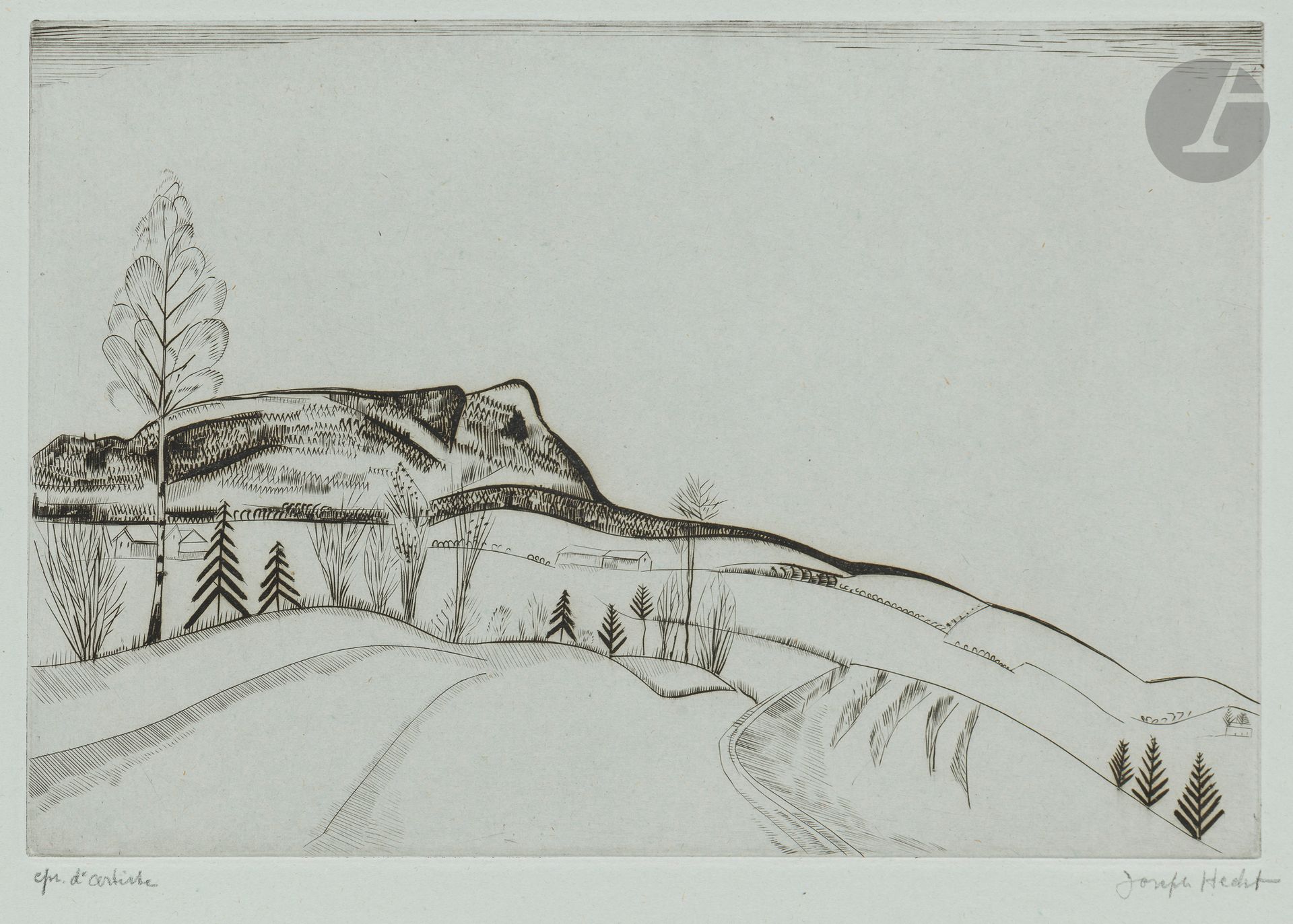 Joseph (Józef) Hecht (polonais, 1891-1951)
Skaugumsäsen II. Vers 1920. Burin. 260x175. Plumart, Tonneau-Ryckelynck 61. Très belle épreuve sur vergé de Montval azuré, annotée «epr. d’artiste» et signée au crayon. Toutes marges.