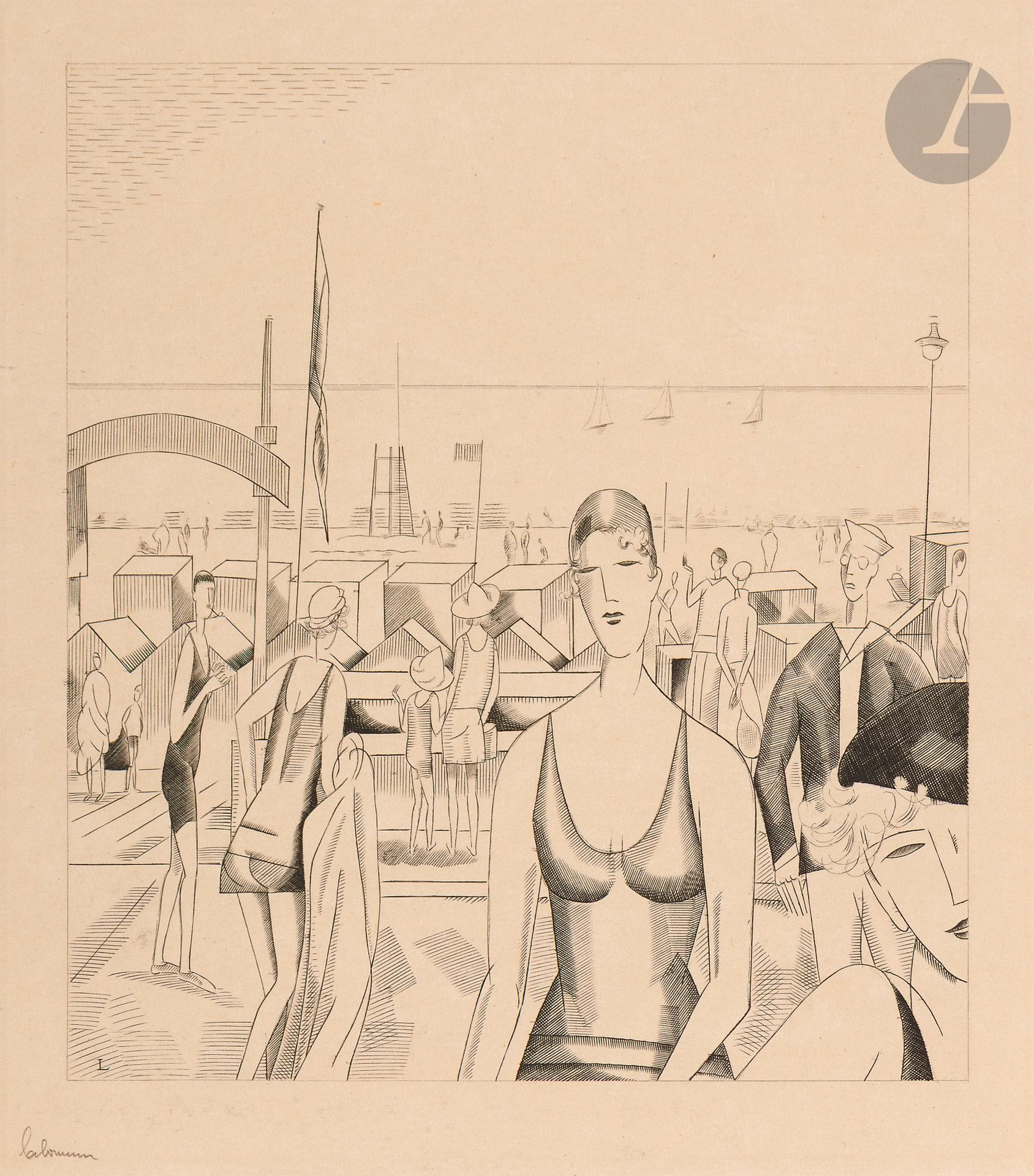 Jean-Émile Laboureur (1877-1943)
L’Heure du bain (La Baule). 1929. Burin. 198x228. Laboureur 401. Parfaite épreuve sur simili-japon ivoire, signée au crayon, antérieure au tirage à 108 épreuves pour la Société des Peintres-Graveurs Français. Toutes marges.