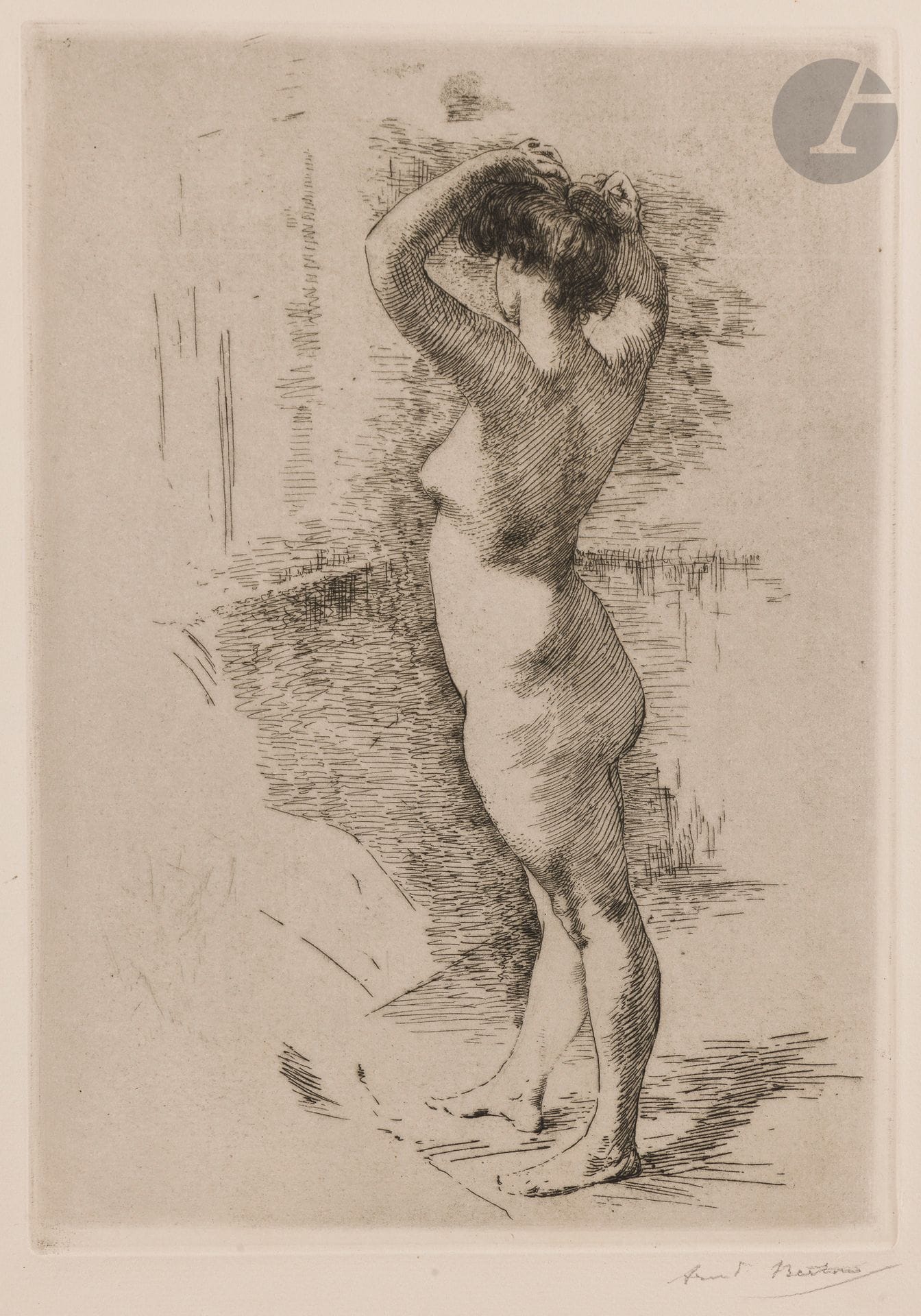 *Armand Berton (1854-1927)
La Coiffure. 1907. Eau-forte. 200x280. I.F.F. 40. Très belle épreuve sur vergé, du 1er état, avant de nouveaux travaux, signée au crayon puis annotée en pied à gauche: «1er Etat – 9 ex. n° 3». Toutes marges.