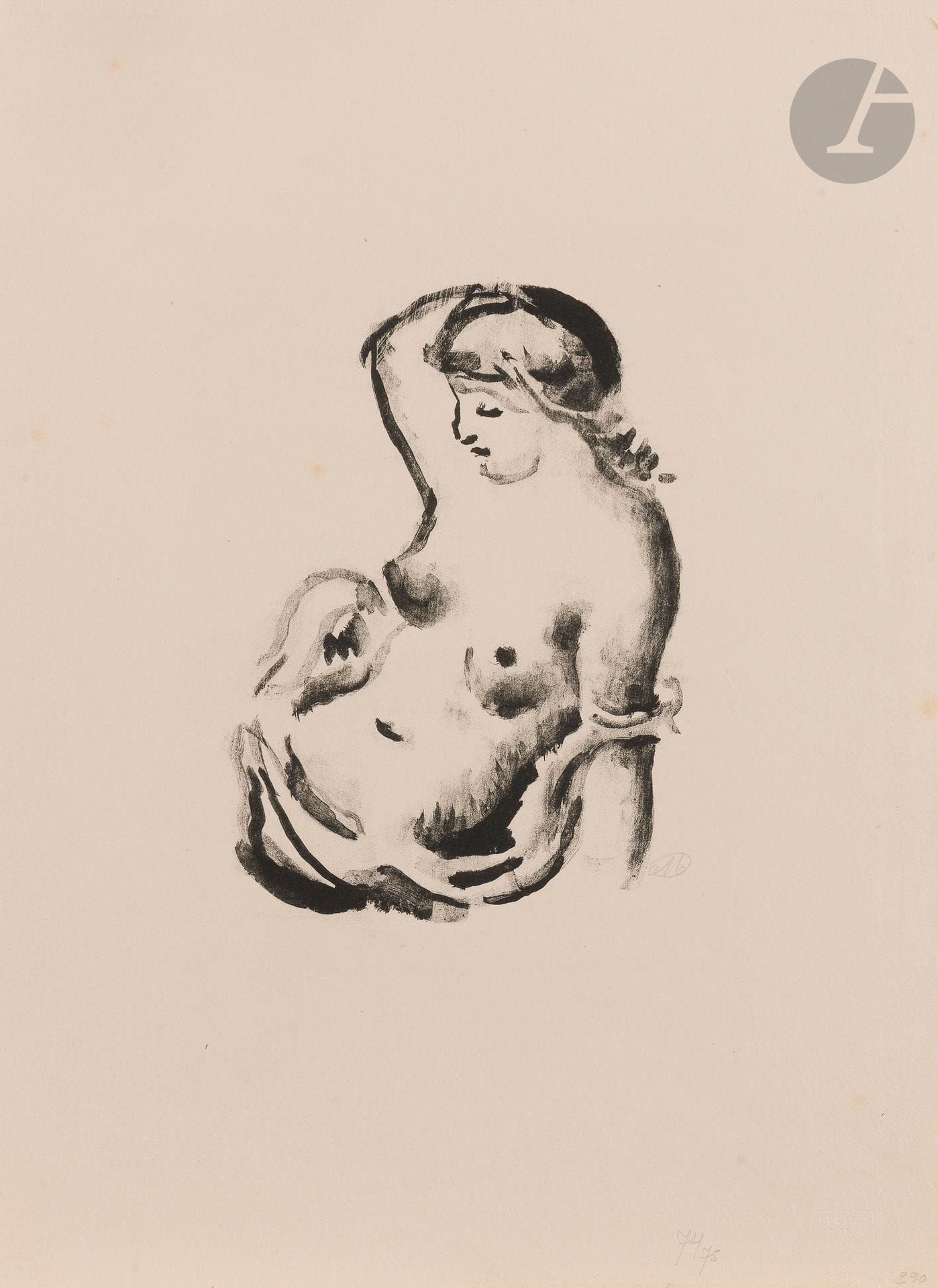 *Aristide Maillol (1861-1944)
Femme assise vue à mi-corps. 1927. Lavis lithographique. 130 x 185. Guérin 290. Belle épreuve sur japon, signée du monogramme au crayon puis numérotée en pied du feuillet. Plusieurs fins plis obliques, dont un en travers du sujet, et légers courts plis de manipulation. Deux petites rousseurs claires circulaires. Toutes marges. Timbre sec : H. Petiet éditeur Paris (Lugt 2021a). Ex-coll. H. M. Petiet (Lugt 5031).