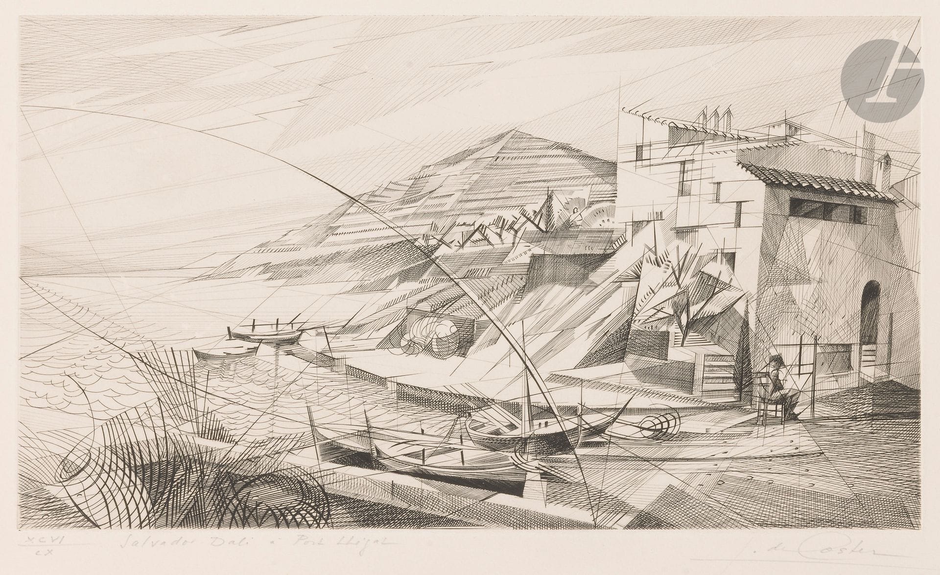 Germaine de Coster (1895-1992)
Salvador Dalí à Port Lligat. Vers 1960. Burin.327x182. Parfaite épreuve sur vélin crème, numérotée en chiffres romains, titrée et signée au crayon. Toutes marges. Tirage à 110 épreuves. Timbre sec: Société des Peintres-Graveurs Français (Lugt 1195a).