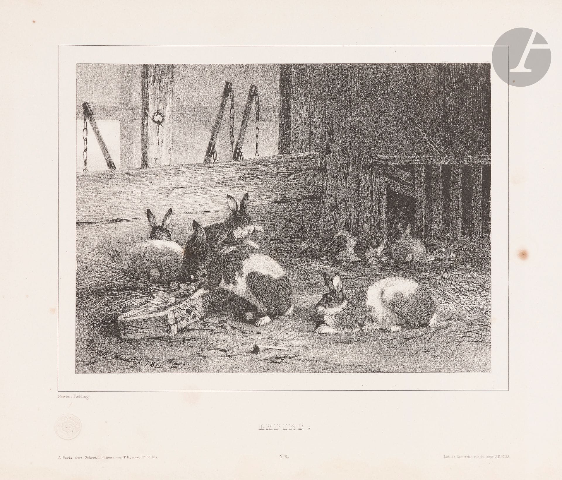 Newton Fielding (1799-1856)
Animaux; Animaux domestiques. 1828-1832. Réunion de 2 albums oblongs [375x280] de respectivement 12 et 16 pl. Lithographie. Très belles épreuves, sur vélin pour le 1er album, sur chine appliqué pour le 2e, montées sur onglet. Petites rousseurs et taches. Demi-rel., plats papier marbré, titre doré sur le dos. Ex-libris Robert Lefèvre-Pontalis. Joint: N. Fielding (d’après). Chiens de chasse. Album oblong [375x280] de 12 pl. Gravé par Falkeisen. Très belles épreuves sur vélin. Même condition. Ens. 3 vol.