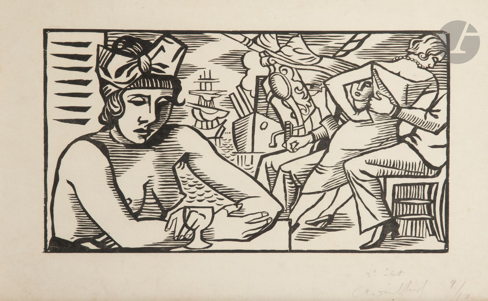 André Lhote (1885-1962)
Femmes et marins au cabaret. (Pl. pour Grand Largue, Anvers, éd. Lumière, Paris, A. Delpeuch, 1925). Bois gravé. À vue: 385x265. Belle épreuve sur vélin blanc, annotée «2e état», signée puis numérotée. Traces de plis horizontales en marge supérieure. Belles marges. Tirage à 10 épreuves de cet état. Cadre (non examinée hors du cadre).