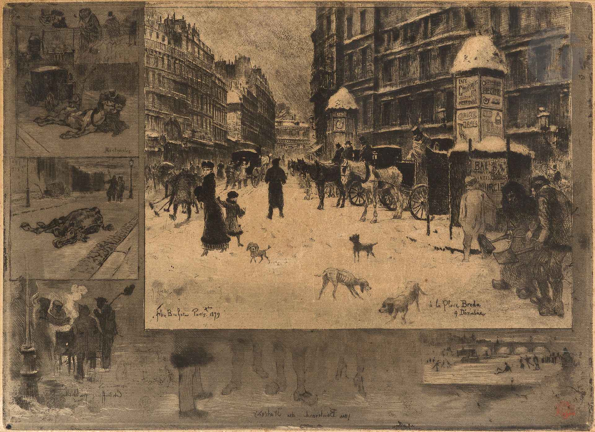Félix Buhot (1847-1898)
L’Hiver à Paris, ou La Neige à Paris. 1879. Eau-forte, pointe sèche et vernis mou. À vue: 350x240. Bourcard-Goodfriend 128. Belle épreuve sur vergé, timbrée (Lugt 977), oxydée. Marges. Cadre (non examinée hors du cadre).