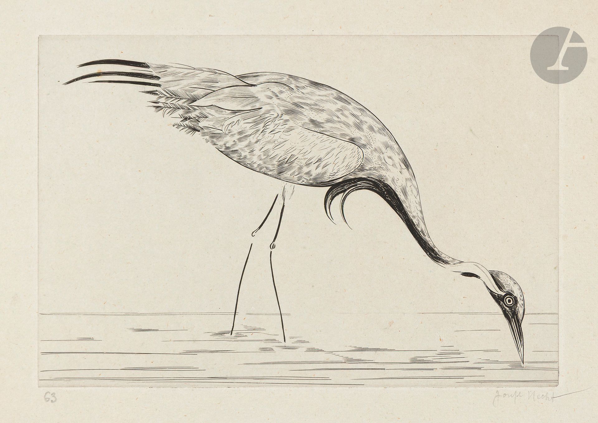 Joseph (Józef) Hecht (Polish, 1891-1951)
Crane II. 1929. Burin. 217x148. Plumart, Tonneau-Ryckelynck 192. Fine proof on old azure laid paper, numbered and signed in pencil, mounted on cardboard. Full margins.