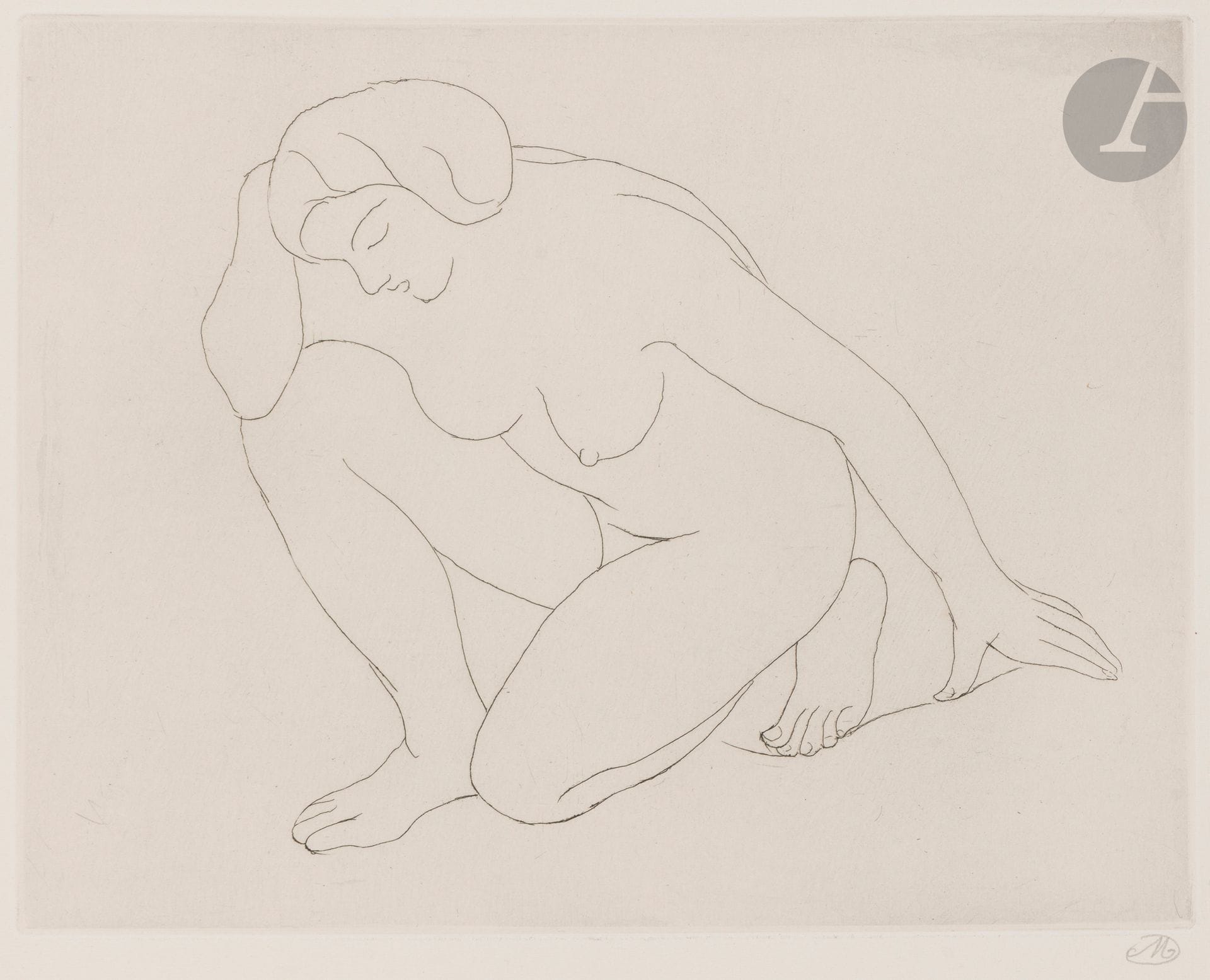 *Aristide Maillol (1861-1944)
Woman kneeling on the left knee... 1927. Etching. 270x210 Guérin 327. Perfect proof on thin white vellum, signed with the monogram in pencil and numbered at the foot of the sheet. Full margins. Edition of 150 proofs.