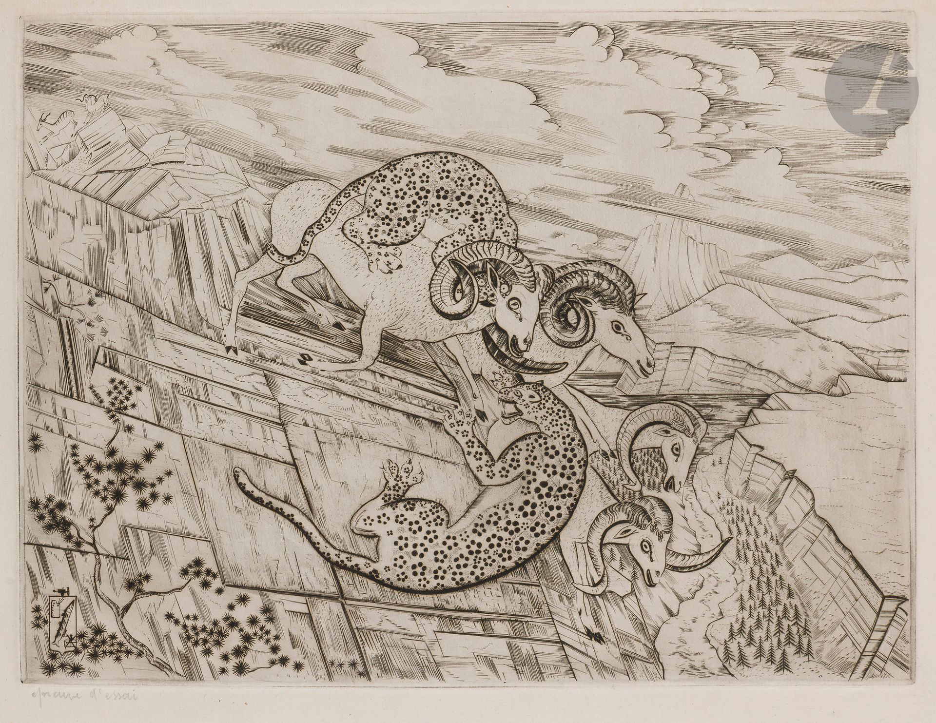 Joseph (Józef) Hecht (Polish, 1891-1951)
On the Himalayas. 1934-1935. Burin. 395x295. Plumart, Tonneau-Ryckelynck 256. Very fine proof of the final state on Montval laid paper, annotated "epreuve d'essai". Slight dusting, traces of folds and small tears at edges. Full margins.