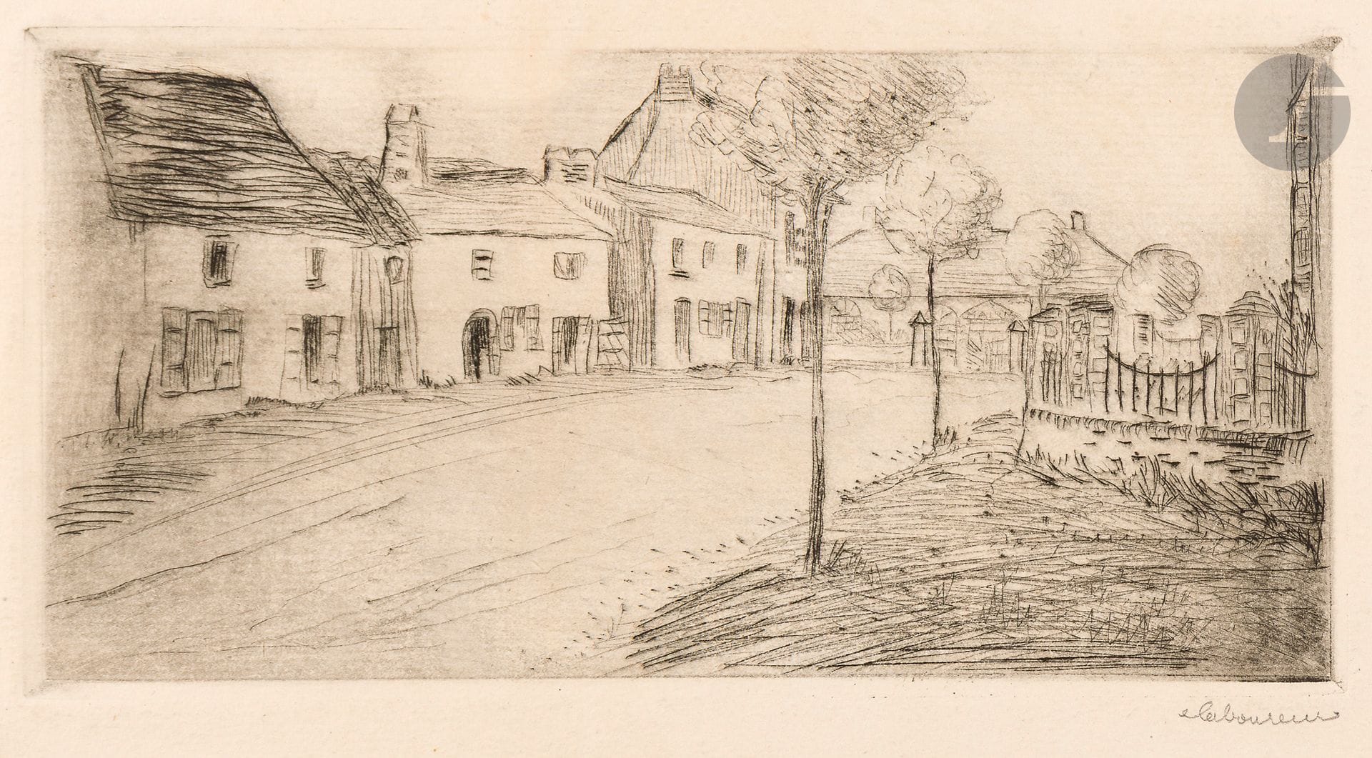 Jean-Émile Laboureur (1877-1943)
Village (Le Clion, près de Pornic). 1897. Pointe sèche. 195x95. Laboureur 3. Très belle épreuve sur vergé ivoire, signée au crayon. Très claire trace d’oxydation marginale. Très rare. Tirage total inférieur à 10 épreuves.
