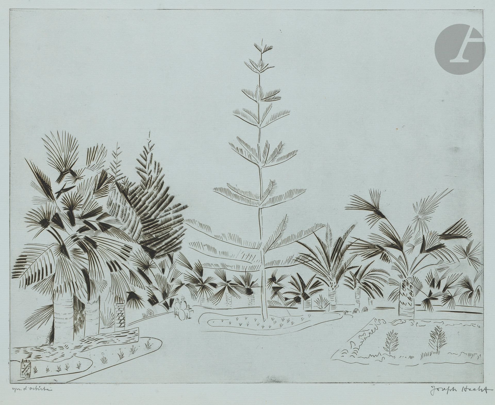 Joseph (Józef) Hecht (polonais, 1891-1951)
Jardin à Casablanca. 1948. Burin. 328x260. Plumart, Tonneau-Ryckelynck 358. Très belle épreuve sur vergé de Montval azuré, annotée «épr. d’artiste» et signée au crayon. Toutes marges. Tirage annoncé à 35 épreuves (mais sans doute bien moins en réalité).