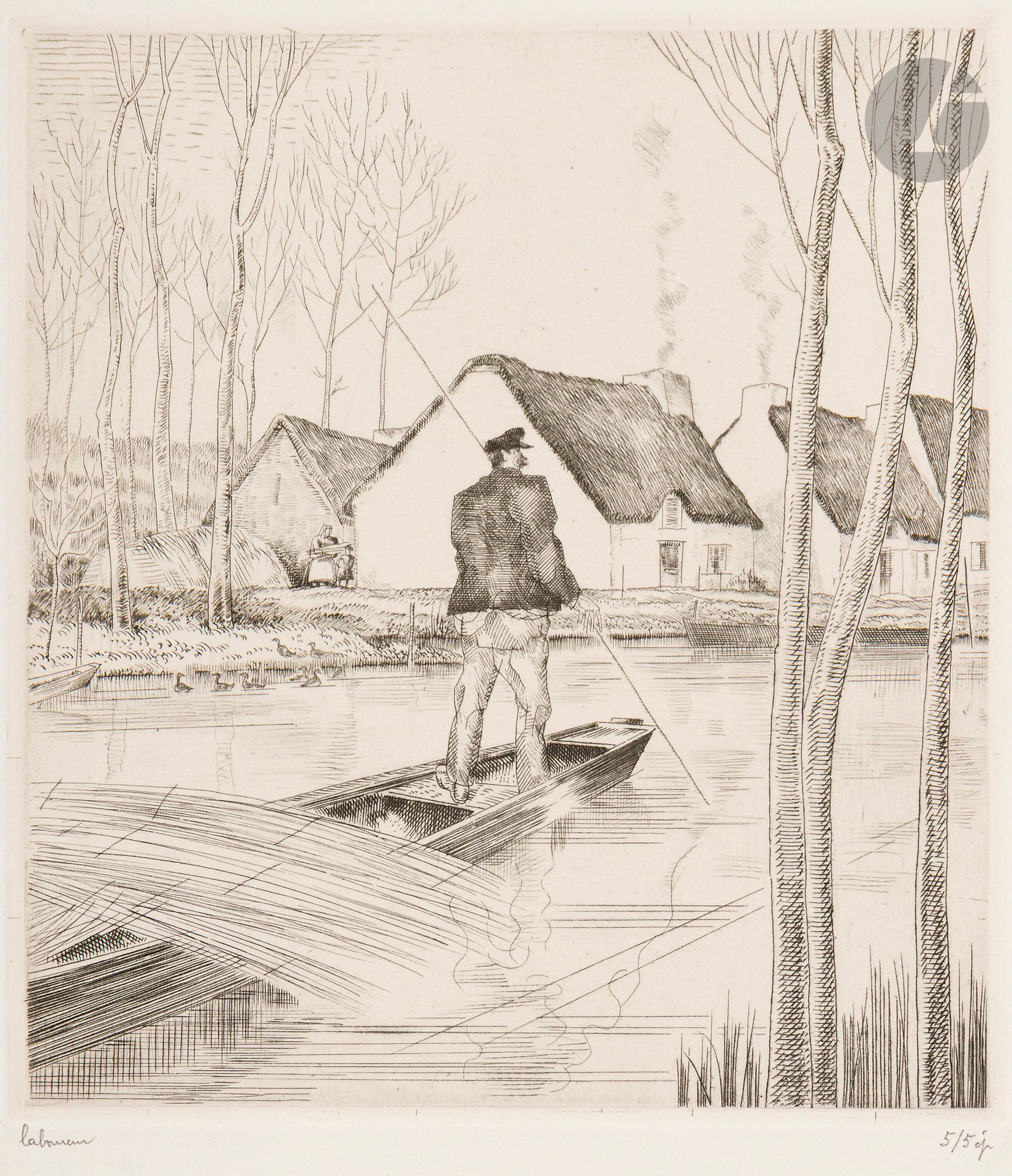 Jean-Émile Laboureur (1877-1943)
L’Homme à la barque (Saint-Joachim, Loire-Atlantique). 1932. Eau-forte. 160x175. Laboureur 458. Parfaite épreuve sur vélin blanc mince, l’une des 5 du 2e état (sur 3), avant le monogramme, signée et numérotée au crayon. Toutes marges. Tirage définitif à 47 épreuves.