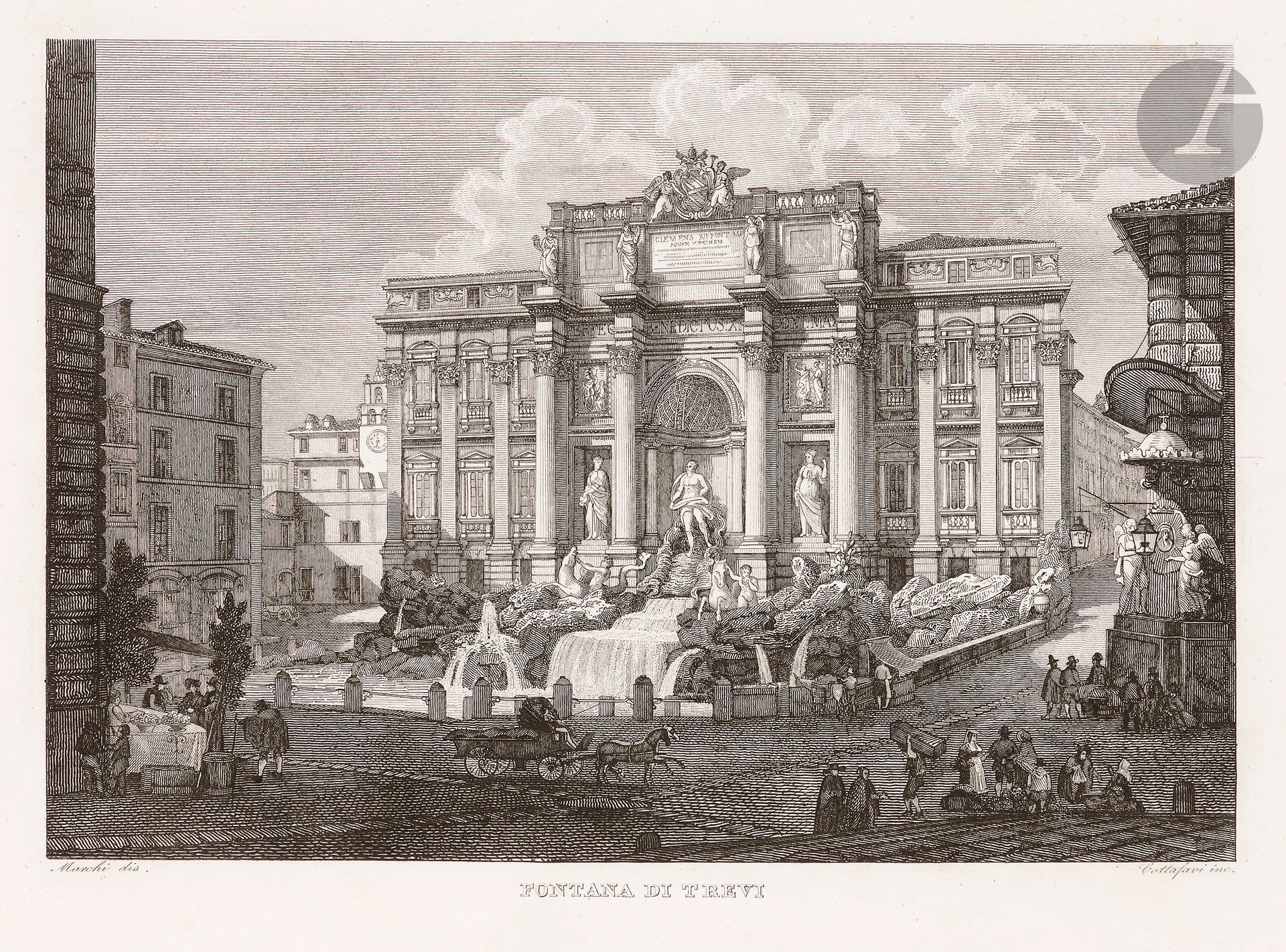 Gaetano Cottafavi (1800-1865)
Raccolta delle Principali Vedute di Roma e suoi contorni disegnate dal vero ed incise da Gaetano Cottafavi l’anno 1843… Rome, T. Cuccioni, [1843]. Un vol. oblong [430x295], contenant 50 pl. dont un titre. Gravure sur acier. Épreuves sur vélin blanc. Quelques rousseurs claires éparses, essentiellement marginales. Les pl. 48 à 50 à petites marges, collées sur feuillets de vélin mince rajoutés. Demi-rel. maroquin, dos à 5 nerfs et titre doré, plats papier marbré, frottée.