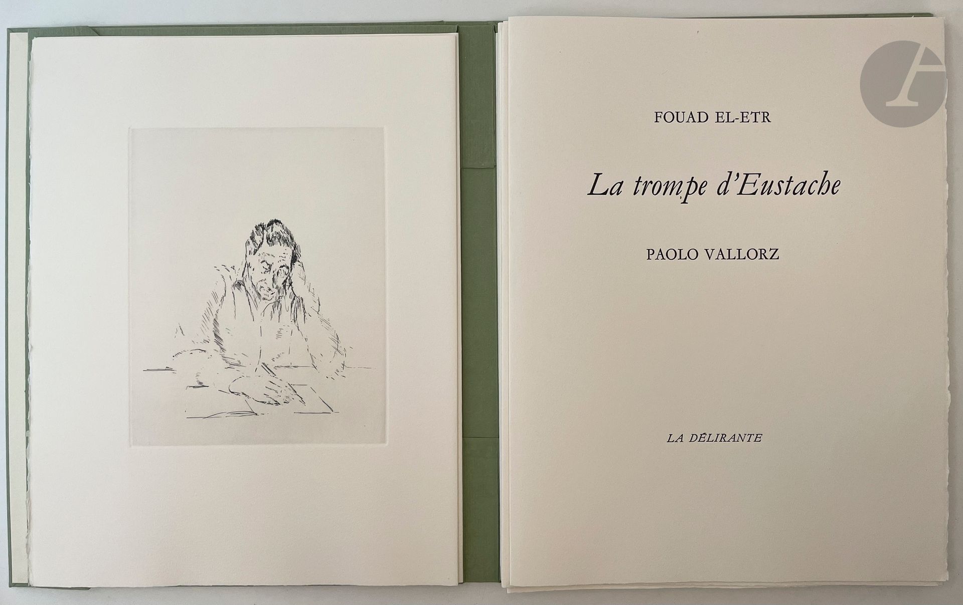 VALLORZ (Paolo) - ETR (Fouad El-).
La Trompe d'Eustache.
Paris : La Délirante, 1982. — In-folio, en feuilles, couverture rempliée, chemise et étui de l'éditeur.
Première édition séparée de ce recueil de 19 poèmes qui avaient précédemment parus dans « Comme une pieuvre que son encre efface ».
Elle est illustrée de 8 eaux-fortes originales non signées du peintre et illustrateur italien Paolo VALLORZ (1931-2017), dont 7 à pleine page et une en cul-de-lampe. La page de titre est ornée d'un bois gravé par Henri Renaud d'après un dessin de Sam Szafran.
Tirage limité à 150 exemplaires sur papier vélin d'Arches, signés par l'auteur et l'artiste à la justification, celui-ci faisant partie des 26 exemplaires d'auteur, spécialement imprimé pour Monsieur et Madame Sam Szafran.
Exemplaire parfaitement conservé.
Provenance : collection Lilette et Sam Szafran, Piasa, 28 juin 2022, n° 54.