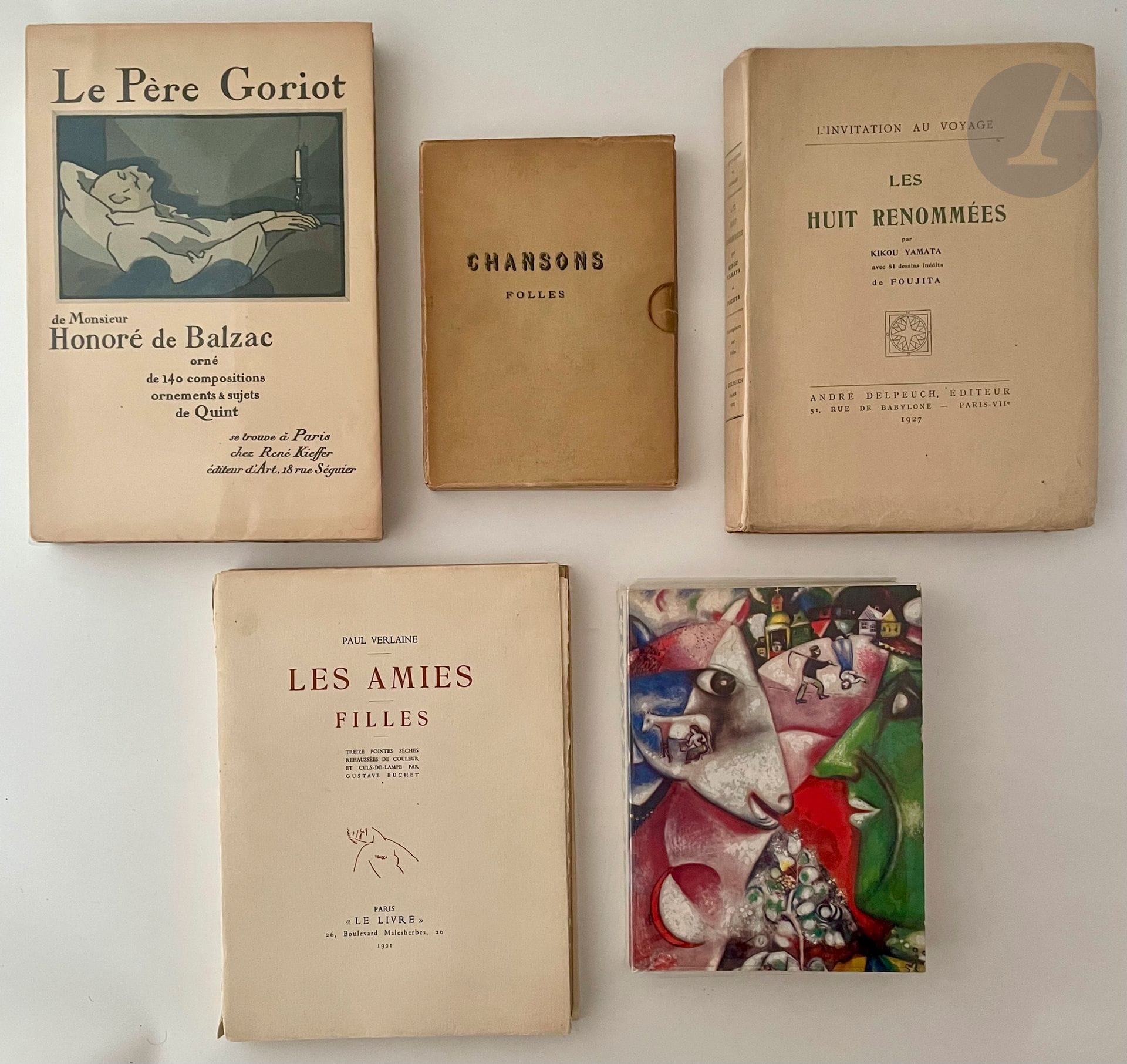 [LOTS DE LIVRES DIVERS]. 
Lots de 17 livres dont Verlaine (Les Amies. 1921), Foujita (Les Huit renommées), Balzac (Le Père Goriot), Marc Chagall, Char (La Nuit talismanique), Anatole France, etc. Soit 17 volumes.