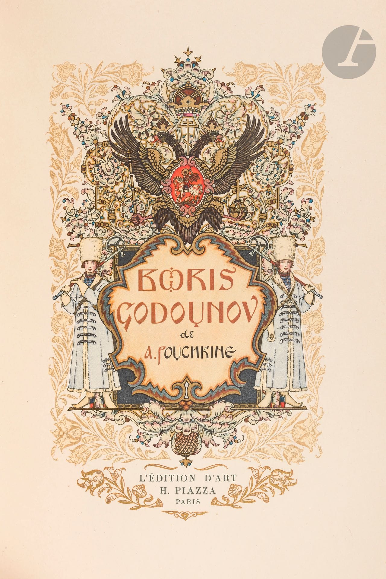 POUCHKINE (Alexandre).
Boris Godounov.
Paris : H. Piazza, [1927]. — In-8, 233 x 166 : titre, 135 pp., (4 ff. trois derniers blancs), 15 planches, couverture imprimée. Broché, couverture rempliée, étui.
Édition illustrée de 26 compositions en couleurs du peintre russe Boris Vasilyevich ZWORYKINE (1872-1942), dont un titre et 15 hors-textes.
Un des 180 premiers exemplaires numérotés sur papier japon impérial, celui-ci faisant partie des 145 contenant une suite en noir des hors-textes.
 La suite est conservée à part dans une chemise cartonnée à rabats.
Exemplaire très bien conservé. Usures à l'étui. Un des rabats de la chemise de la suite est défait.