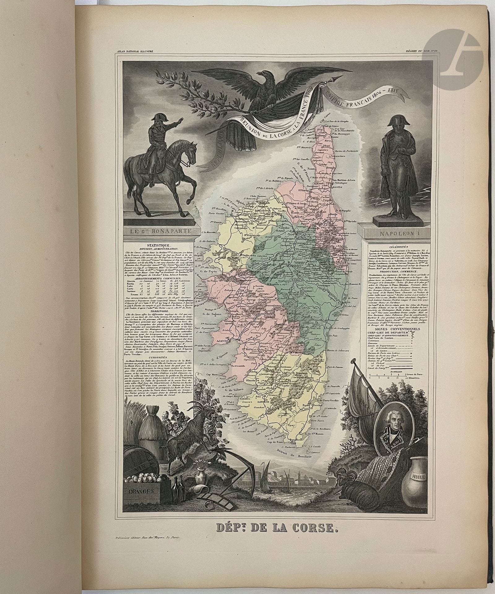 LEVASSEUR (Victor).
Atlas national illustré des 89 Départements et des Possessions de la France. Divisé par Arrondissements, Cantons et Communes, avec le tracé de toutes les routes, chemins de fer et canaux.
Paris : Pelissier, 1869. — In-folio, demi-chagrin vert foncé, plats de percaline verte ornée de filets à froid en encadrement, titre doré au centre du premier plat, dos lisse de percaline moderne avec d'os d'origine remonté (reliure de l'éditeur).
Nouvelle édition de ce célèbre atlas publié pour la première fois en 1833 et qui sera réédité par différents éditeurs jusqu'en 1872.
Ce travail a été réalisé par l'ingénieur-géographe Victor Levasseur (1800-1870) à partir des données issues des travaux du Cadastre et du Dépôt de la Guerre, ainsi que des Ponts et Chaussées. Les cartes sont ornées de gravures qui présentent des statistiques, des annotations historiques et des illustrations typiques des départements et colonies. Elles mettent en évidence les routes, les voies ferrées et les voies navigables, tandis que les départements sont subdivisés en arrondissements, cantons et communes.
Exemplaire comprenant un beau titre gravé ainsi que 99 cartes sur 102. Il manque les cartes des départements de Seine et Marne et de Seine et Oise, ainsi que celle de La Martinique. Il a la particularité de proposer 3 cartes avec les décors gravés en couleurs (Ardennes, Finistère et Savoie
Reliure restaurée, dos d'origine rapporté, gardes renouvelées. Quelques frottements d'usage. Les cartes sont parfaitement conservées. La première et le titre sont en partie déreliés.