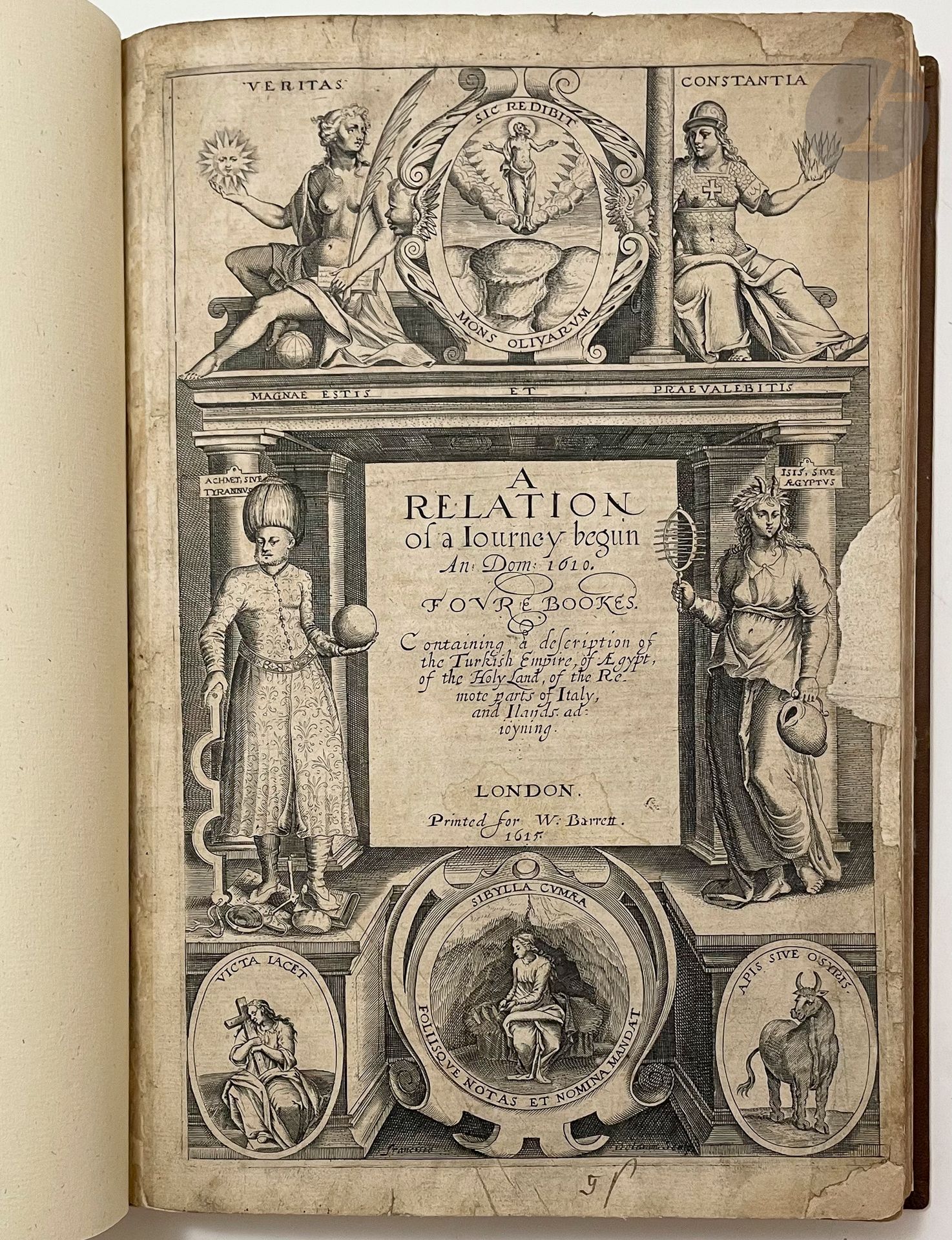 SANDY (George).
A relation of a journey begun An: Dom: 1610. Fovre bookes. Containing a description of the Turkish Empire, of Ægypt, of the Holy Land, of the remote parts of Italy, and ilands adioyning
Londres : W. Barrett, 1615. —In-folio, basane brun foncé à la Bradel, dos lisse, tranches mouchetées (reliure moderne).
Édition originale rare de la relation du voyage entrepris par le poète et homme politique George Sandys (1578-1644) en Orient entre 1610 et 1611. Elle contient « une description de l'Empire turc, de l'Égypte, de la Terre sainte, des régions reculées de l'Italie et des îles avoisinantes. »
La chronique de Sandy constitue le premier récit de voyage détaillé et soigneusement documenté, s'appuyant sur des sources anciennes mentionnées en notes marginales. Elle marque la transition entre la littérature de voyage du XVIe siècle et celle du XVIIe siècle. Représentatif de ce genre littéraire, ce récit oscille entre géographie, histoire et autobiographie, avec un style fluide et parfois contradictoire. Sandys s'efforce de transmettre des connaissances géographiques et anthropologiques originales tout en partageant de plus en plus ses propres opinions et interprétations de ses observations (Source site « Travelogues travellers' views », https://eng.travelogues.gr/collection.php?view=100).
L'édition est illustrée d'un titre gravé, d'une carte hors texte sur double page et de 47 gravures en taille douce dont 2 à pleine page.
Cet exemplaire est malheureusement incomplet de la vue panoramique hors texte de Constantinople, intitulée «Prospect of the Grand Signiors Serraglio from Galata », que l'on trouve généralement entre les pages 33 et 34. Il a été en revanche enrichi d'une planche dépliante représentant un squelette entier, avec renvoi à une page 355, qui n'appartient pas à l'ouvrage.
Une particularité à souligner ici est que la page 309 ne comporte pas de cul-de-lampe, contrairement aux exemplaires numérisés que nous avons pu trouver, lesquels en présentent un. 
Exemplaire en modeste reliure moderne. Le titre présente des déchirures avec manques et atteintes à la gravure ; il a été doublé et remonté. Le second feuillet a lui aussi été restauré et remonté, collé à la marge du feuillet B1, recouvrant les premières lettres du texte de celui-ci. Déchirures sans manque à plusieurs feuillets dans l'ouvrage, avec restauration et atteinte au texte au feuillet Q1, tache d'encre sur le haut de la page 232. Quelques mouillures claires.
