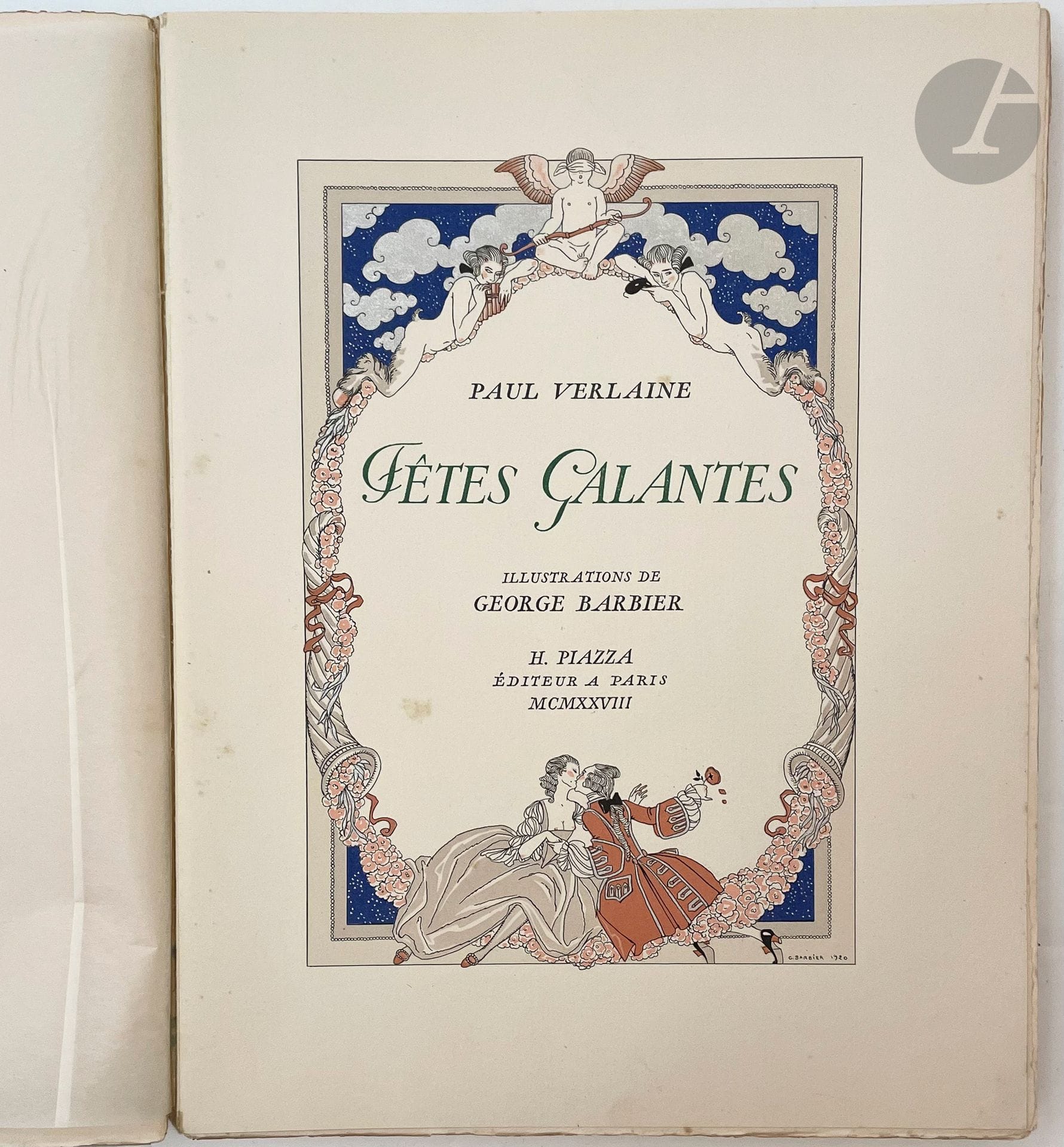 BARBIER (George) - VERLAINE (Paul).
Fêtes galantes.
Paris : H. Piazza, 1928. — In-4, broché, couverture rempliée.
Édition illustrée en premier tirage de 23 très belles compositions en couleurs de George BARBIER (1882-1932), gravées sur bois, dont 2 sur la couverture, une sur le titre et 20 hors texte.
Tirage à 1200 exemplaires ; celui-ci est l'un des 800 numérotés sur vélin pur fil de Rives.
Petite déchirure au bas du dos de la couverture. Rousseurs éparses.