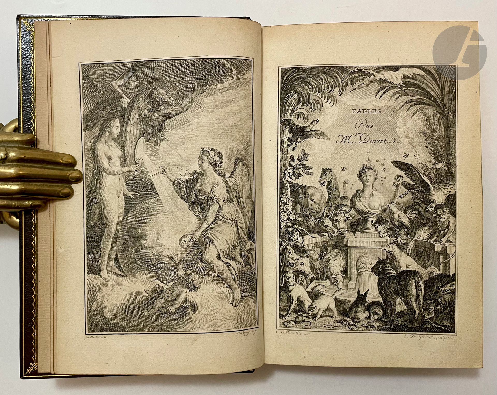 DORAT (Claude-Joseph).
Fables nouvelles.
La Haye, Paris : Delalain, 1773. — 2 parties en un volume in-8, maroquin noir, triple filet doré en encadrement et fleuron doré aux angles sur les plats, dos à nerfs orné, roulette et filet doré à l'intérieur, tranches dorées, étui (Zaehnsdorf).
Cohen, 163-164.
Édition recherchée illustrée d'un frontispice, de deux titres gravés, d'une vignette de titre et de 198 vignettes, soit 99 bandeaux et 99 culs-de-lampe, le tout gravé sur cuivre d'après les compositions de Clément-Pierre MARILLIER (1740-1808).
Selon Cohen, il s'agit du « chef-d'œuvre de Marillier, sous le rapport de la finesse d'exécution et de l'esprit qui règne dans tous les jolis sujets qui l'ornent ».
Bel exemplaire relié par Joseph Zaehnsdorf (1816-1886), relieur anglais d'origine austro-hongroise, ou par son fils Joseph William Zaehnsdorf (1853-1930) qui prit sa succession. Il provient de la bibliothèque du comte de Cromer, certainement le diplomate et homme d'État Evelyn Baring (1841-1917), 1er comte de Cromer, avec son ex-libris héraldique gravé par Henry Badeley.
Frottements aux charnières et aux nerfs.
Provenance : comte de Cromer, avec ex-libris. - Evelyn Cavanagh, avec ex-libris.