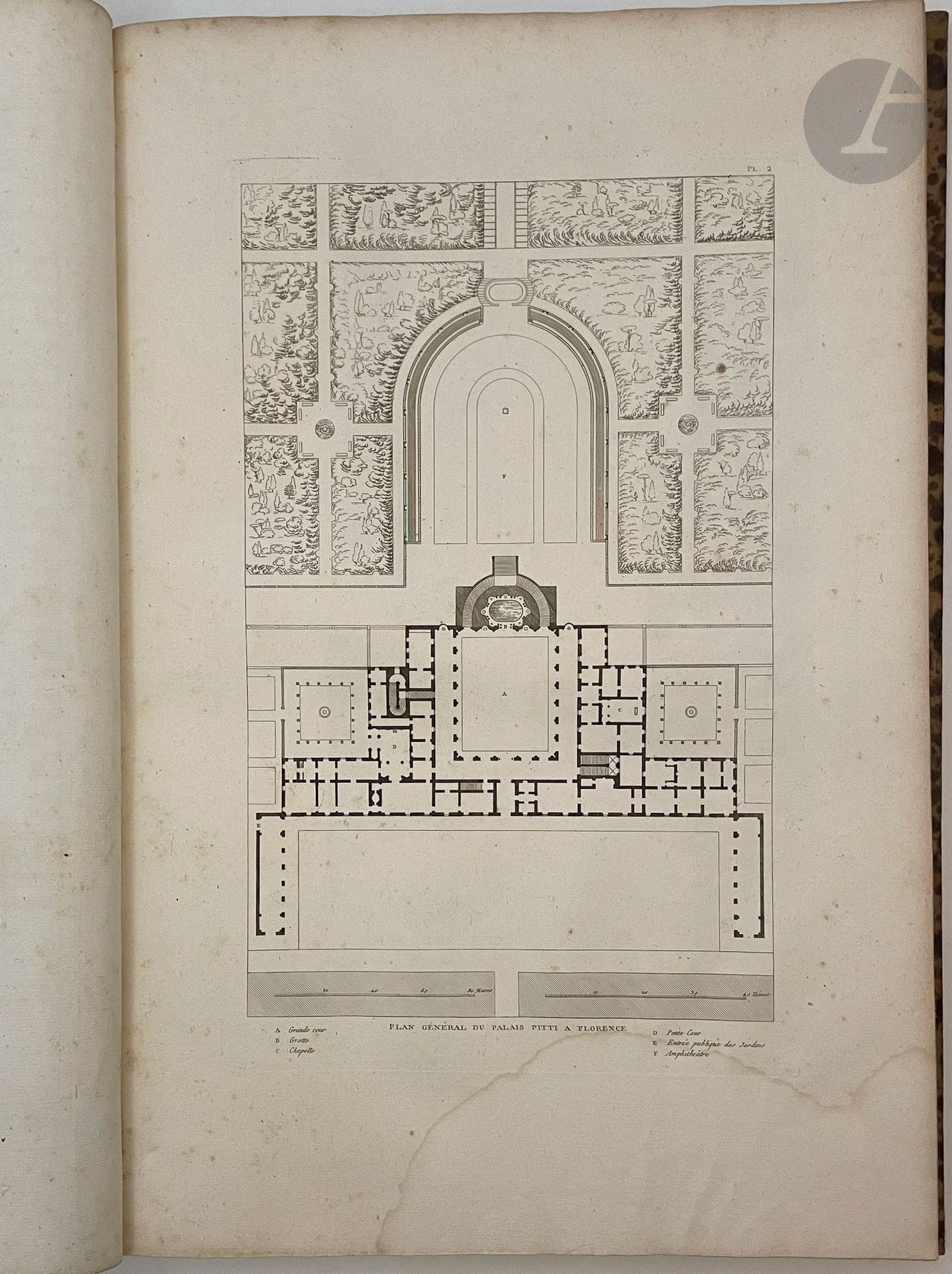 GRANDJEAN DE MONTIGNY (Auguste-Henri-Victor) - FAMIN (Auguste-Pierre).
Architecture toscane, ou palais, maisons, et autres édifices de la Toscane.
Paris : M. Denonvilliers, Banse, les principaux libraires, 1837. — In-folio, demi-basane havane, dos lisse orné (reliure de l'époque).
Seconde édition, après celle publiée en 1815, de cet ouvrage sur l'architecture italienne, et plus particulièrement celle de la Toscane. Il a été élaboré par l'architecte néo-classique Auguste-Henri-Victor Grandjean de Montigny (1776-1850) et l'architecte Auguste-Pierre Famin (1776-1859).
Encouragés par le soutien de plusieurs architectes renommés, les auteurs ont publié un ouvrage composé de 109 planches gravées au trait, réparties sur dix-huit livraisons, accompagnées d'un texte explicatif. Ce texte vise à présenter la situation des monuments, leur date de construction, leurs particularités ainsi que les noms des artistes responsables. À la fin de la partie textuelle, ils ont inclus une table chronologique des artistes, avec des renvois aux planches où leurs œuvres sont représentées. En plus des principaux édifices de Florence et de Toscane, les planches de frontispice de chaque livraison présentent un choix de monuments d'art, antiques et modernes, issus des principaux musées et diverses églises de la région.
Exemplaire en reliure de l'époque, complet des 109 planches.
Restaurations à la reliure, accroc à la coiffe de tête. Rousseurs éparses, mouillures claires tout au long de l'ouvrage.