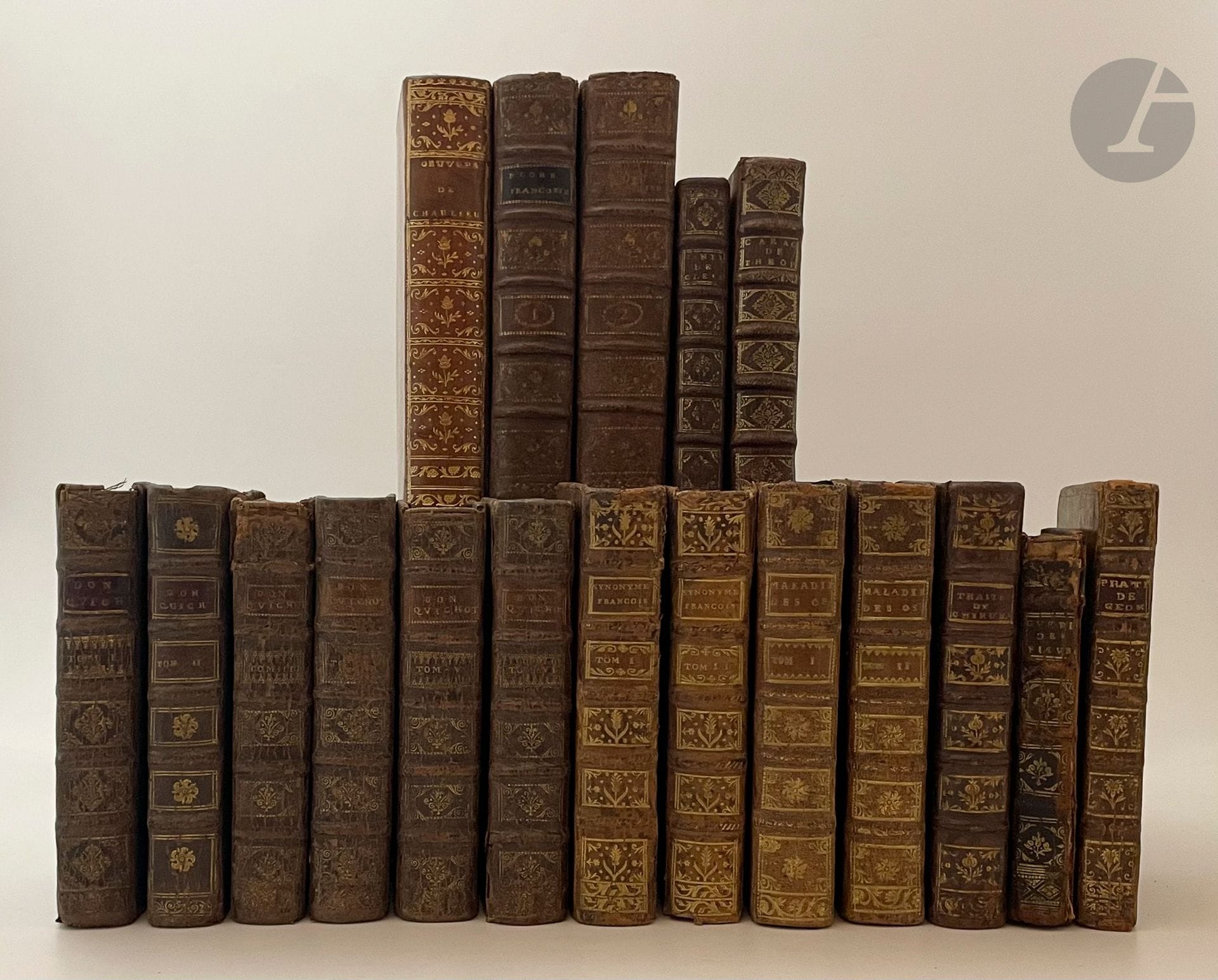 [ANTIQUE BOOKS]. 
Lot of 23 antique books (17th-18th centuries) including Sébastien Leclerc, Cervantes, etc. A total of 34 volumes. Sold as is, not collated.