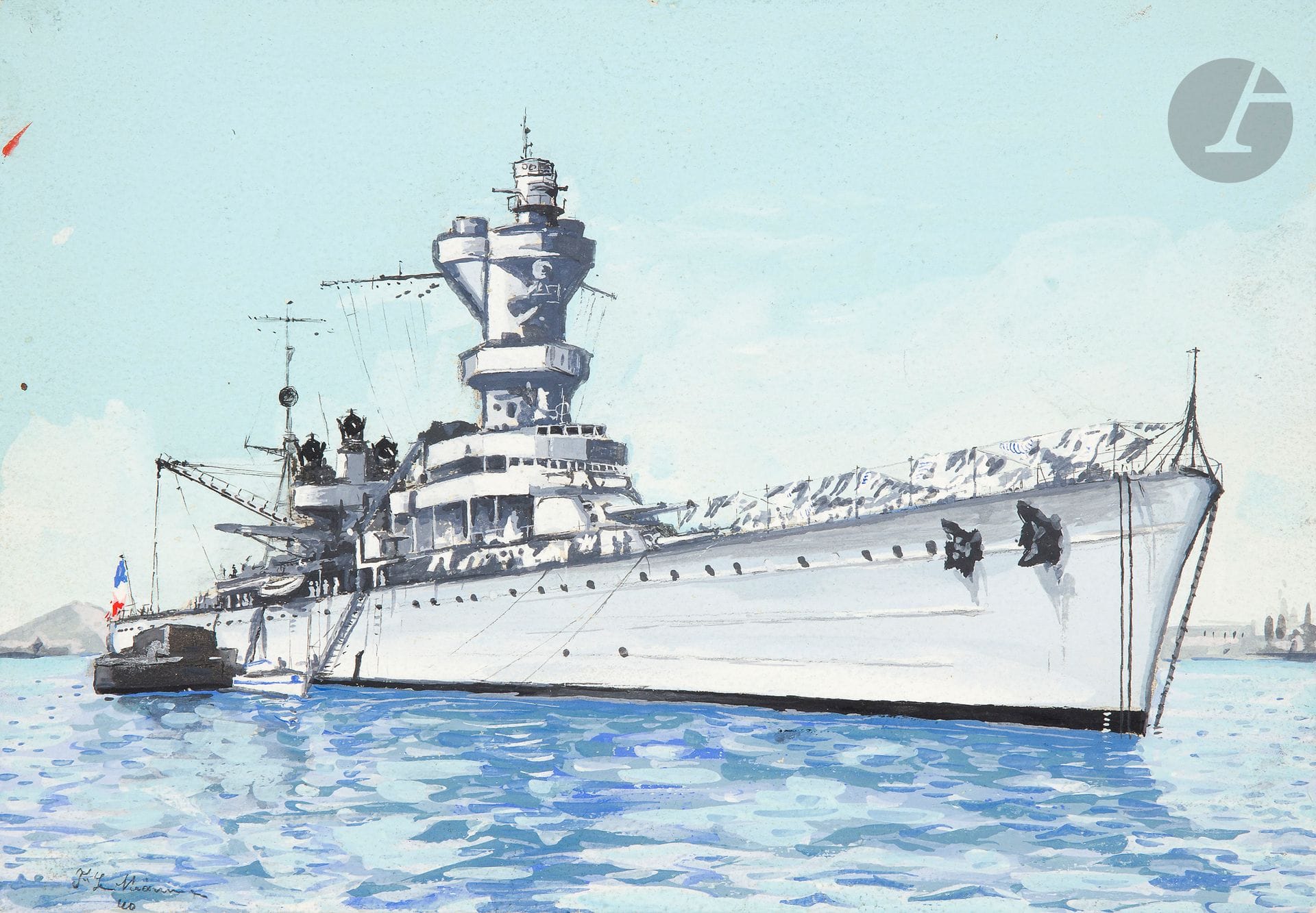 F. LE NEANNEC. École française du XXe siècle. 
Ensemble de trois dessins à la gouache : 
- Le croiseur Jean de Vienne
Signé et daté 1941.
36 x 52 cm
- Navire français non identifié
Signé et daté 1940.
21 x 31 cm
- Contre-Torpilleur « L’audacieux »
Signé et daté 1943.
35 x 58 cm
A.B.E. 

Historique : 
Plusieurs membres de cette famille servent dans la marine dont Joseph Marie Le NÉANNEC (1883-1963), capitaine de frégate et François Louis Le NÉANNEC (1880 - 1925) qui commande l’« ATALANTE » durant la 1re guerre mondiale.