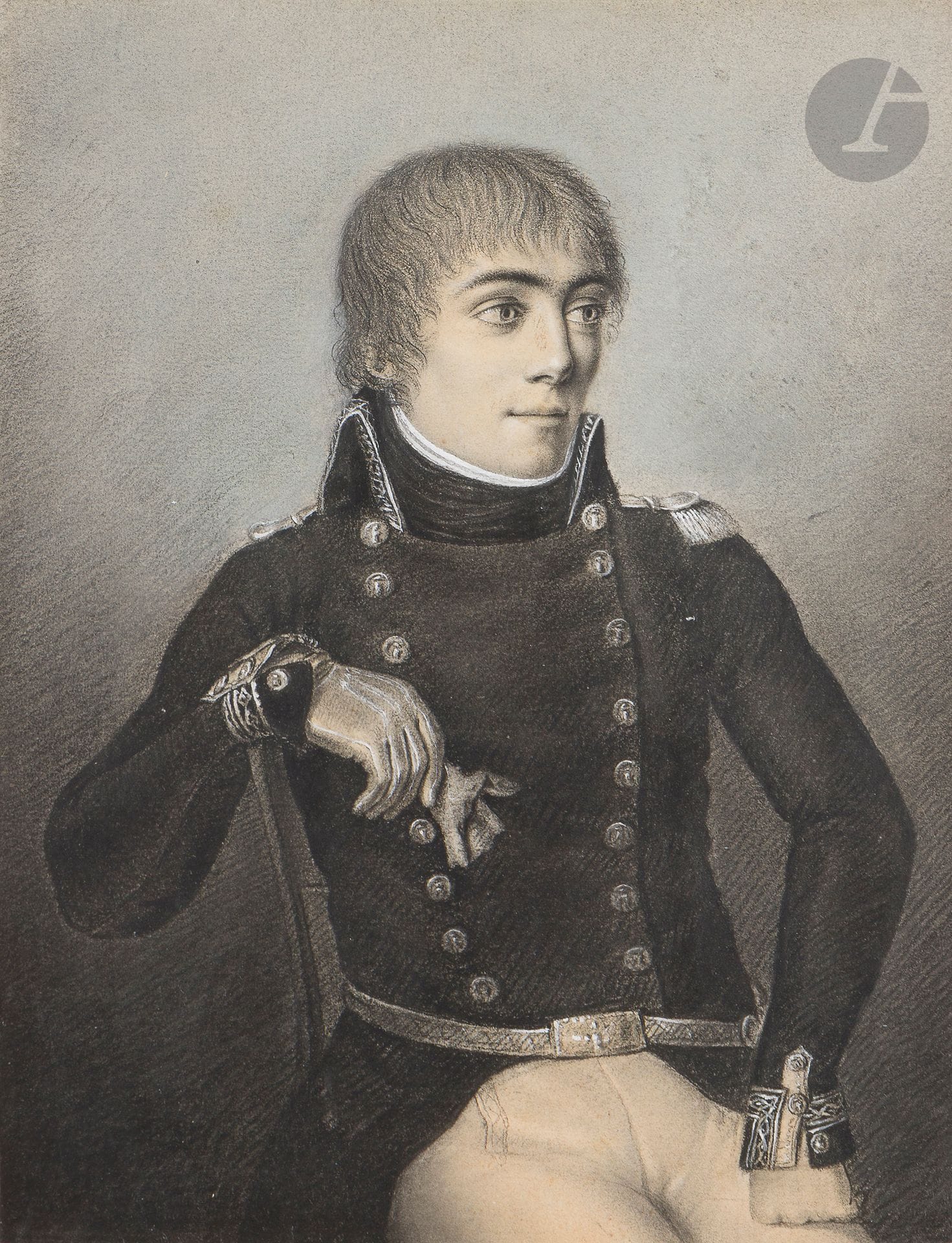 École française de la fin du XVIIIe siècle. 
Portrait présumé d’un commissaire aux vivres sous le Directoire 
Beau dessin au crayon et rehauts de craie sur papier bleu. 
23,5 x 17 cm
Encadré sous verre.