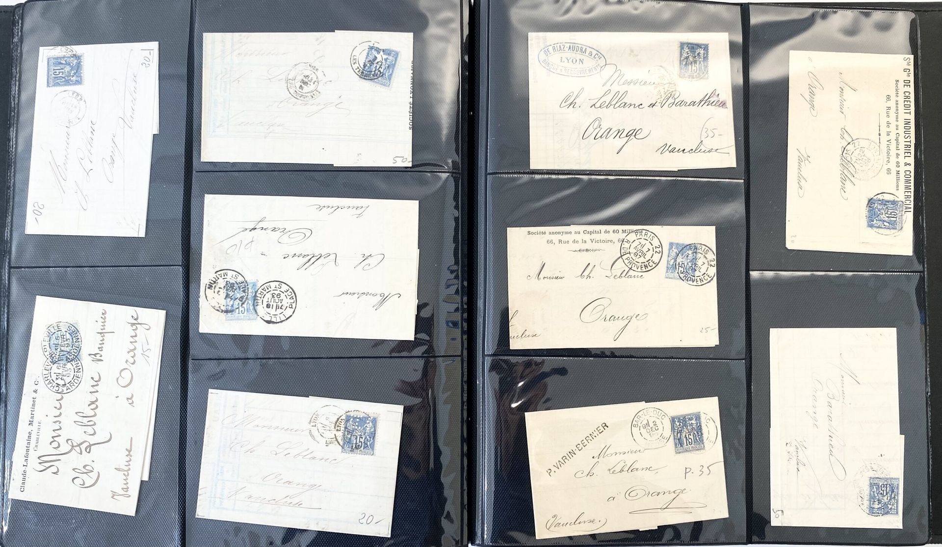 Un album de près de 350 courriers 19e et 20e siècle, France et pays d'Europe (GB, Italie...), colonies et divers. 
On trouve des oblitérations intéressantes, des marques postales (déboursés, purifiés à Toulon...). 
Des entiers postaux, des lettres par avion, 3 paires de Samothrace sur cartes, des censures, des perforés ect...