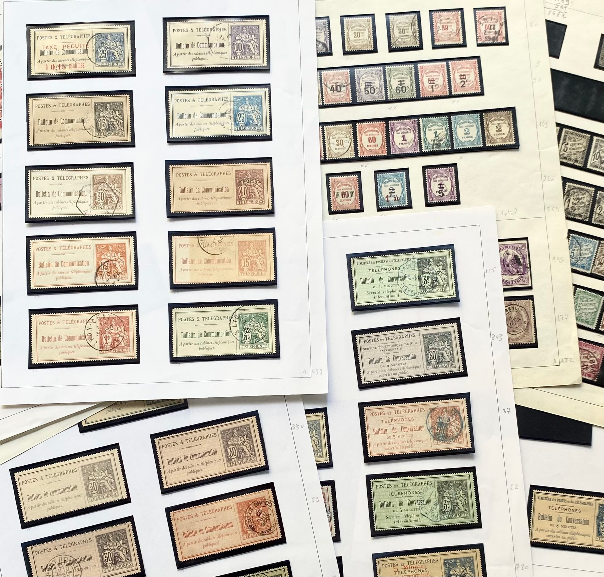 Ensemble bien fourni de "fins de catalogues", taxes, télégraphes, téléphones, guerre (dont le "gratis de 1870 et Dunkerque et saint Nazaire de 1940), Postess Monténégrines en exil à Bordeaux et Postes Serbes à Corfou pour 1914-1918, ces derniers étaient complets dont des paires. Parmi les bonnes valeurs taxes on citera les "Duval" noirs et marrons respectivement 1F et 2F et 1F, 2F et 5F pour les télégraphes les 8 valeurs dentelés et non dentelés sont présents pour les téléphones, on a le rare n°12 "25c bleu service inter urbain en surcharge". La qualité est globalement très bonne. La cote totale ligne par ligne et page par page, calculée est d'environ 17 500e, bien que non vérifiée, semble correcte.