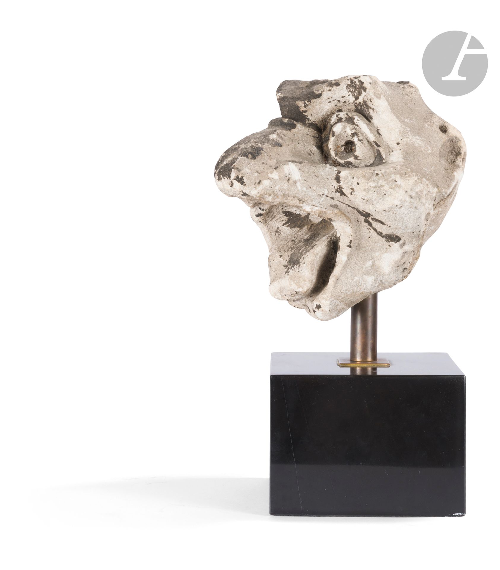 France, époque gothique 
Tête d’animal fantastique 
Pierre calcaire 
H.: 20cm, soclée sur une base en marbre noir de Belgique; H. totale: 35cm
État fragmentaire, usures liées à une exposition prolongée en extérieur
