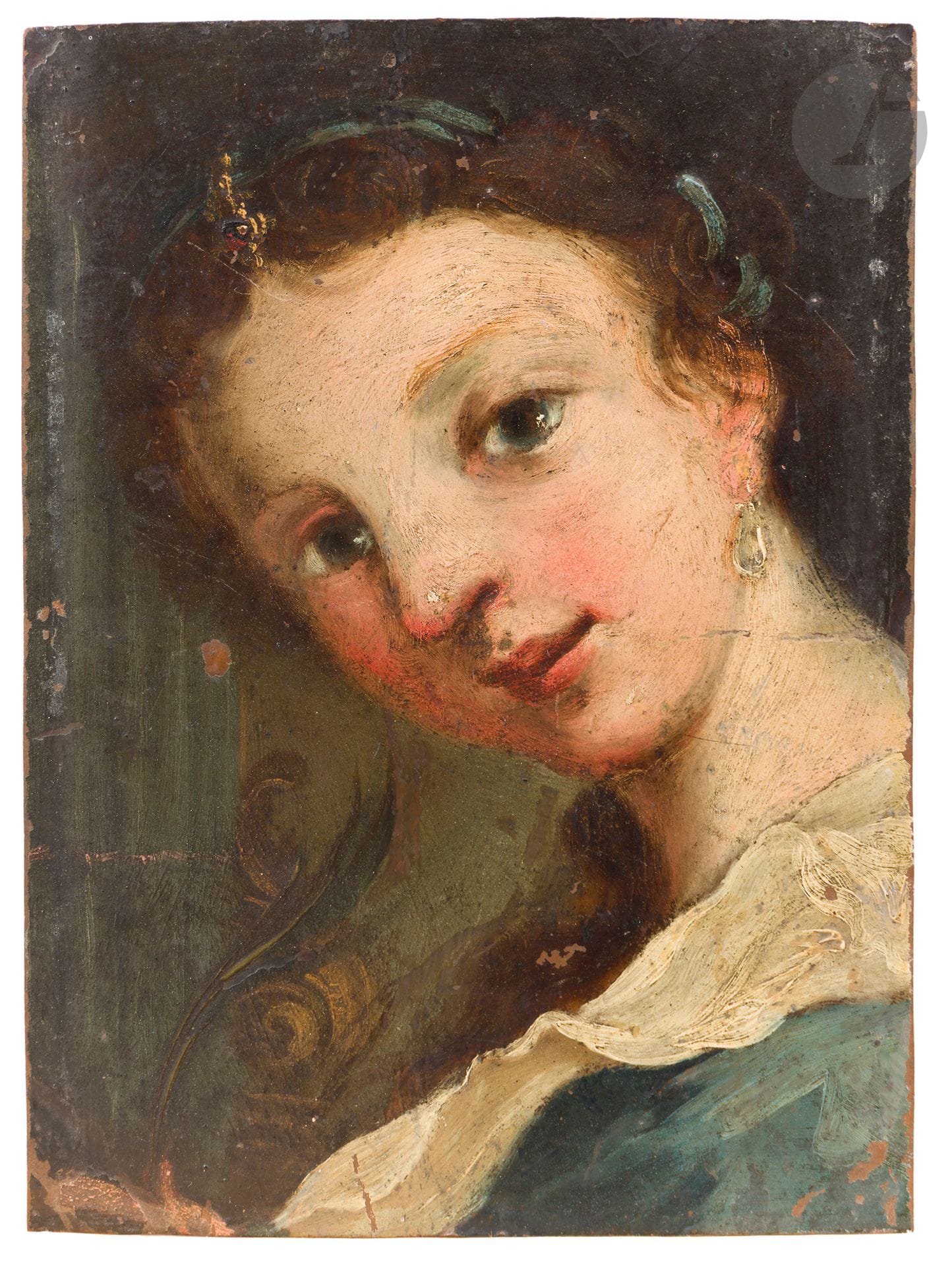 École italienne vers 1700
Portrait de femme à la robe bleue
Cuivre
(Manques et accidents)
Au revers: Une Vierge à l’enfant
16,5x12cm