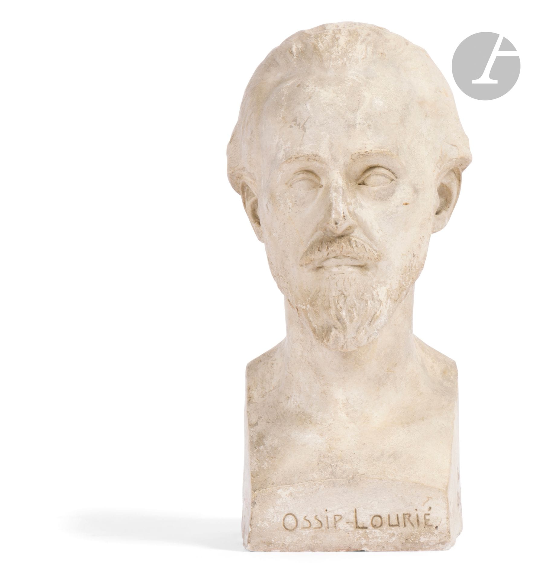 Bogomir Dalma (1899, Plevlia (Yugoslavia before 1991) - 1932, Saint-Tropez)
Portrait of Ossip Lourié (1869-1955)
Bust in patinated plaster
Titled "OSSIP LOURIE" on the front
Signed and dated "BOSOMIR/ DALMA / 1924 "on left side
H. 47cm
Wear and stains

Bogomir Dalma (1899, Plevlia (Yugoslavia before 1991) - 1932, Saint-Tropez) was a Yugoslav painter and sculptor. From 1926 to 1931, B. Dalma exhibited at the Salon des Artistes Indépendants in Paris. His portrait is of Ossip Lourié (1869-1955), professor at the Université nouvelle de Bruxelles and Doctor of the Faculty of Letters at the Université de Paris. He was a Franco-Russian writer specializing in the study of Tolstoy and Ibsen through the prism of a sociological and philosophical approach.