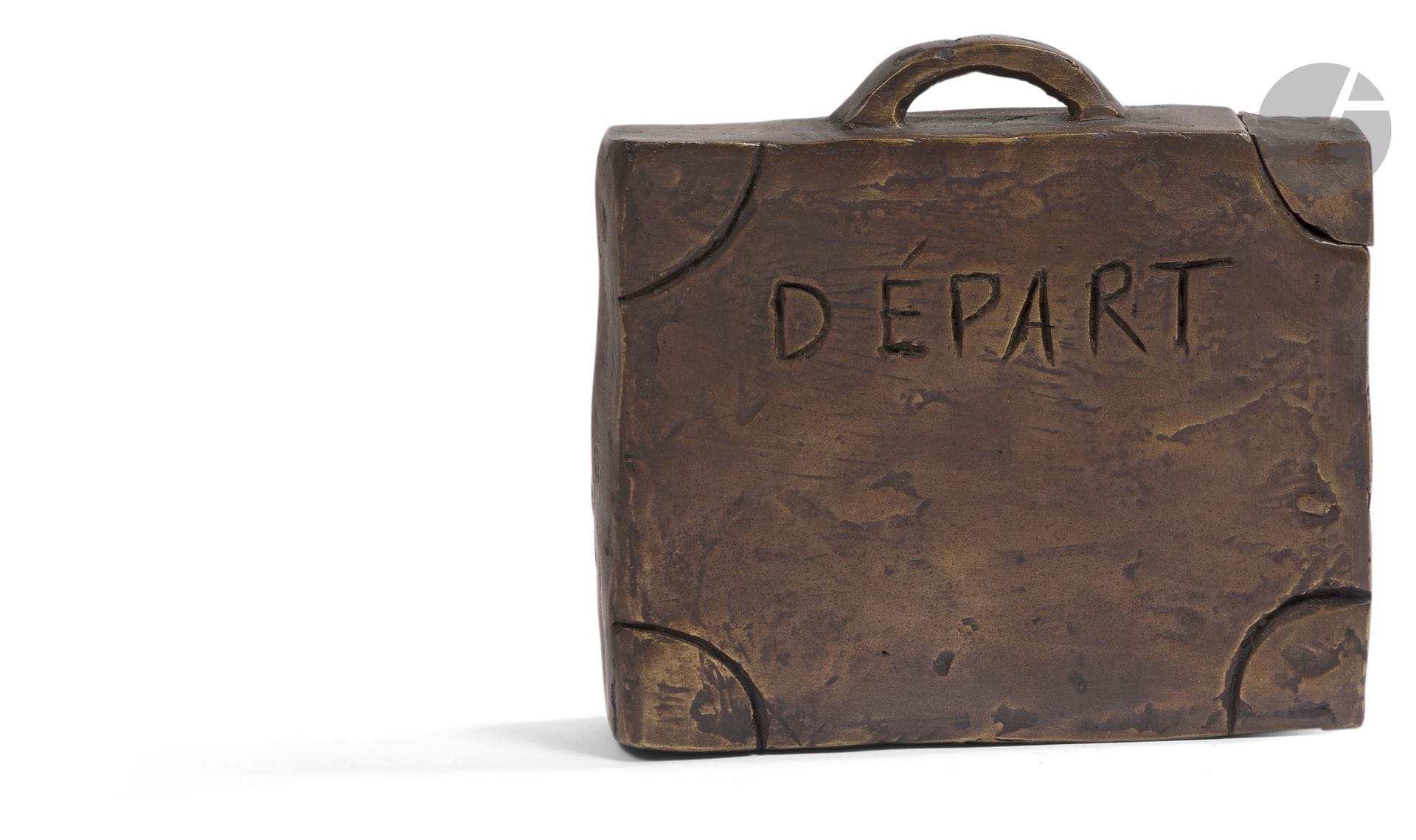 Agnès RACINE (1926-2002)
Departure 
Light-brown patina bronze proof.
Signed and numbered 4/8 under the base.
Titled on the sculpture and stamped "E. GODARD Cire perdue".
Height: 12 cm - Width: 12 cm - Depth: 3 cm