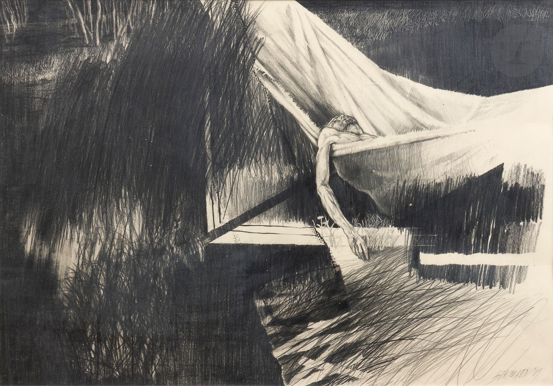 Adam BRINCKEN [Polish] (b. 1951) The Hammock, 1989 Black pencil, signed and dated lower right. 43 x 63 cm