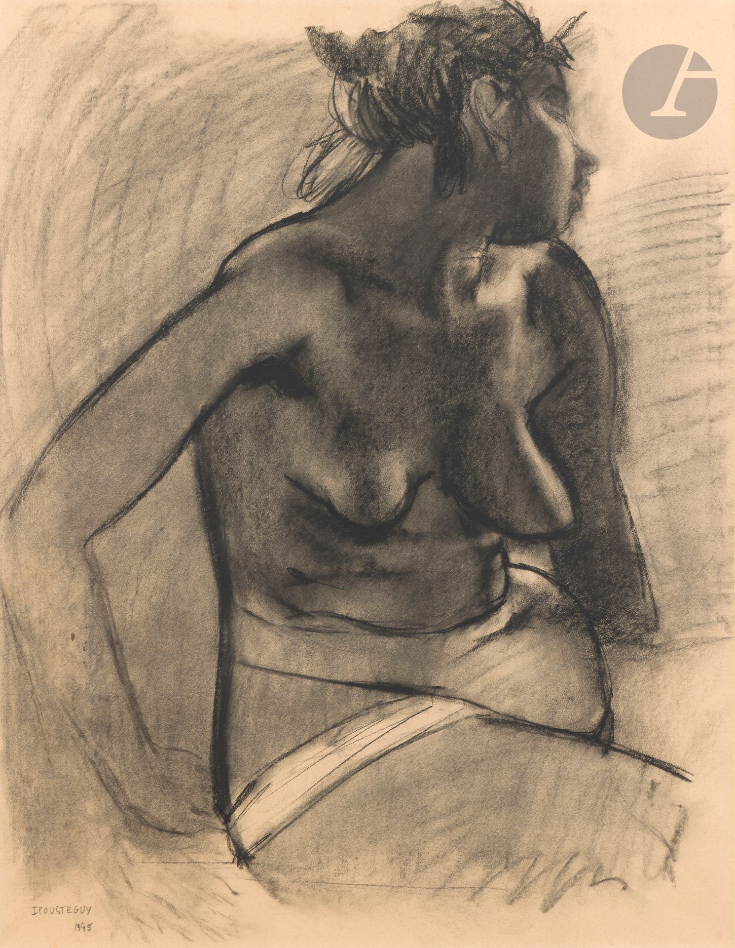 Jean IPOUSTEGUY (1920-2006) Female nude, 1945 Charcoal and shading, signed and dated lower left. 62 x 49 cm Provenance: Sam and Lilette Szafran Collection.