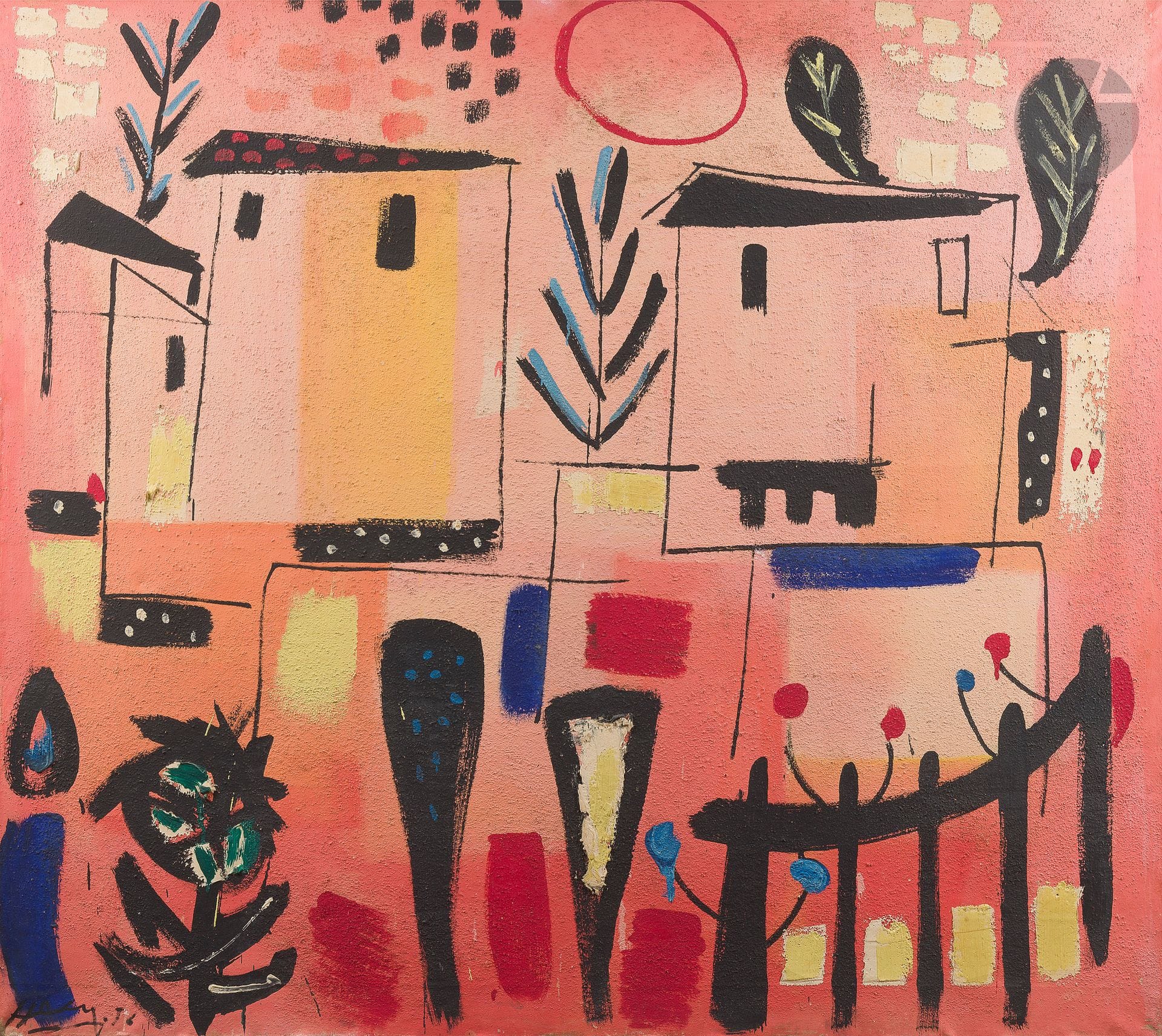 Émile HECQ [belge] (1924-2008)
Paysage aux deux maisons, 1956
Huile et sable sur toile.
Signée et datée en bas à gauche.
(Petits manques sur les arrêtes).
125 x 140 cm
