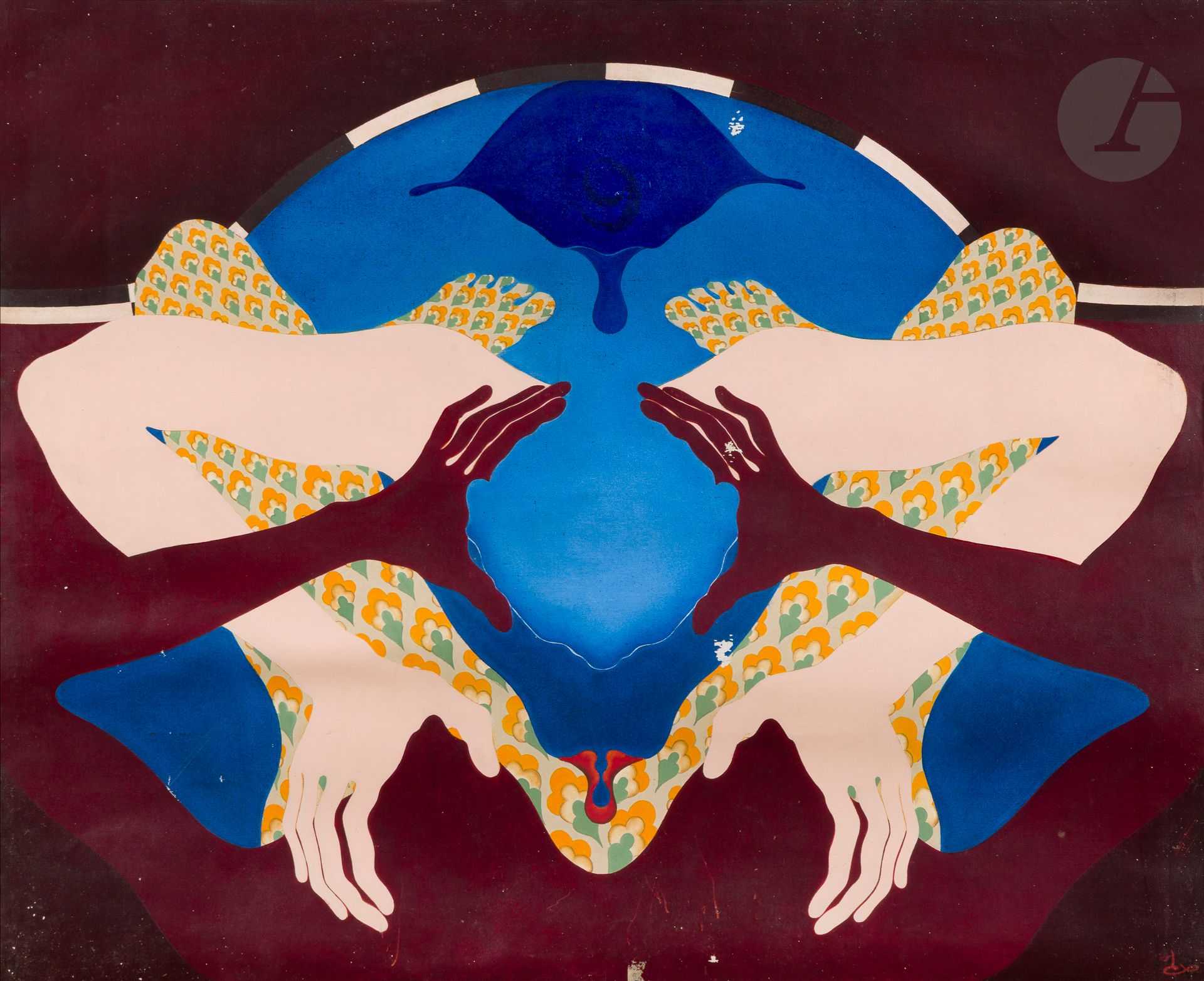 Francis ROUX (1933-1980)
La Nuit de la pucelle, 1969-74
Huile sur toile non montée.
Monogrammée et datée en bas à droite.
Repris en 1974.
Signée, datée, titrée et annotée au dos.
(Manques et griffures).
60 x 73 cm