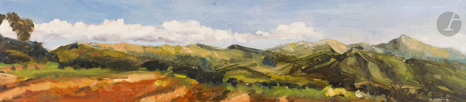 Christian GAROSCIO (b. 1957) Mountain landscape, 1996 Oil on panel, signed and dated lower right. 12 x 54 cm Provenance: Sam and Lilette Szafran Collection.