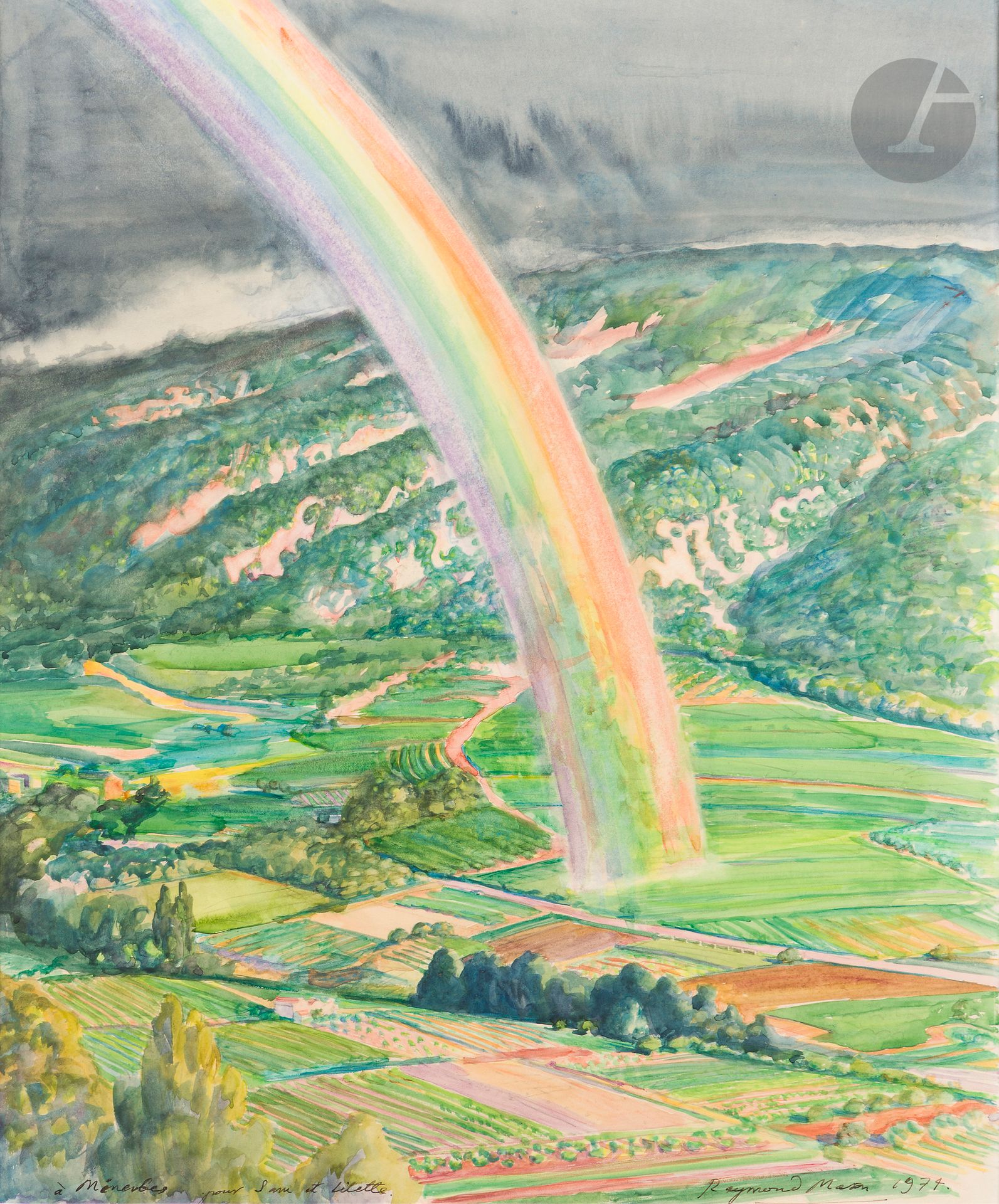 Raymond MASON [anglais] (1922-2010)
Arc-en-ciel à Ménerbes, 1974
Aquarelle.
Signée et datée en bas à droite.
Située et dédicacée « à Ménerbes - pour Sam et Lilette ».
52,5 x 44 cm

Provenance : 
Collection Sam et Lilette Szafran.