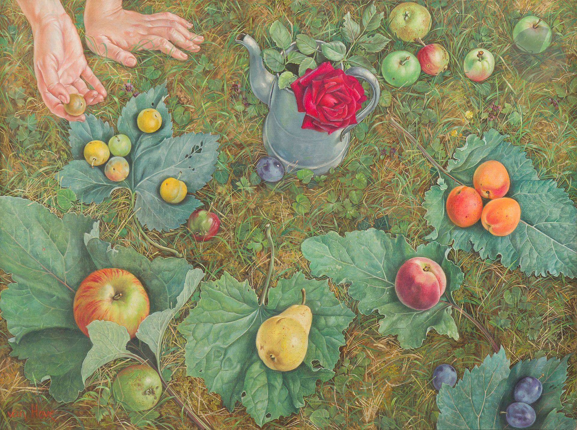 Francine HOVE VAN (née en 1942)
Tout cela vient du jardin, 1992 
Huile sur toile.
Signée en bas à gauche.
46 x 61 cm

Provenance : 
Galerie Alain Blondel, Paris (étiquette sur le cadre).