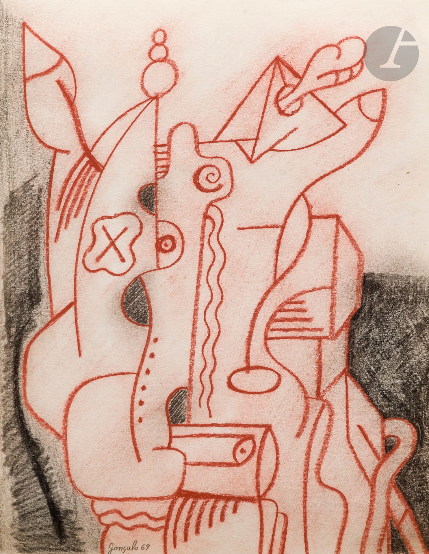 Gonçalo DUARTE [Portuguese] (1935-1986) Composition, 1969 Charcoal and red chalk, signed and dated lower left. 28.5 x 22 cm