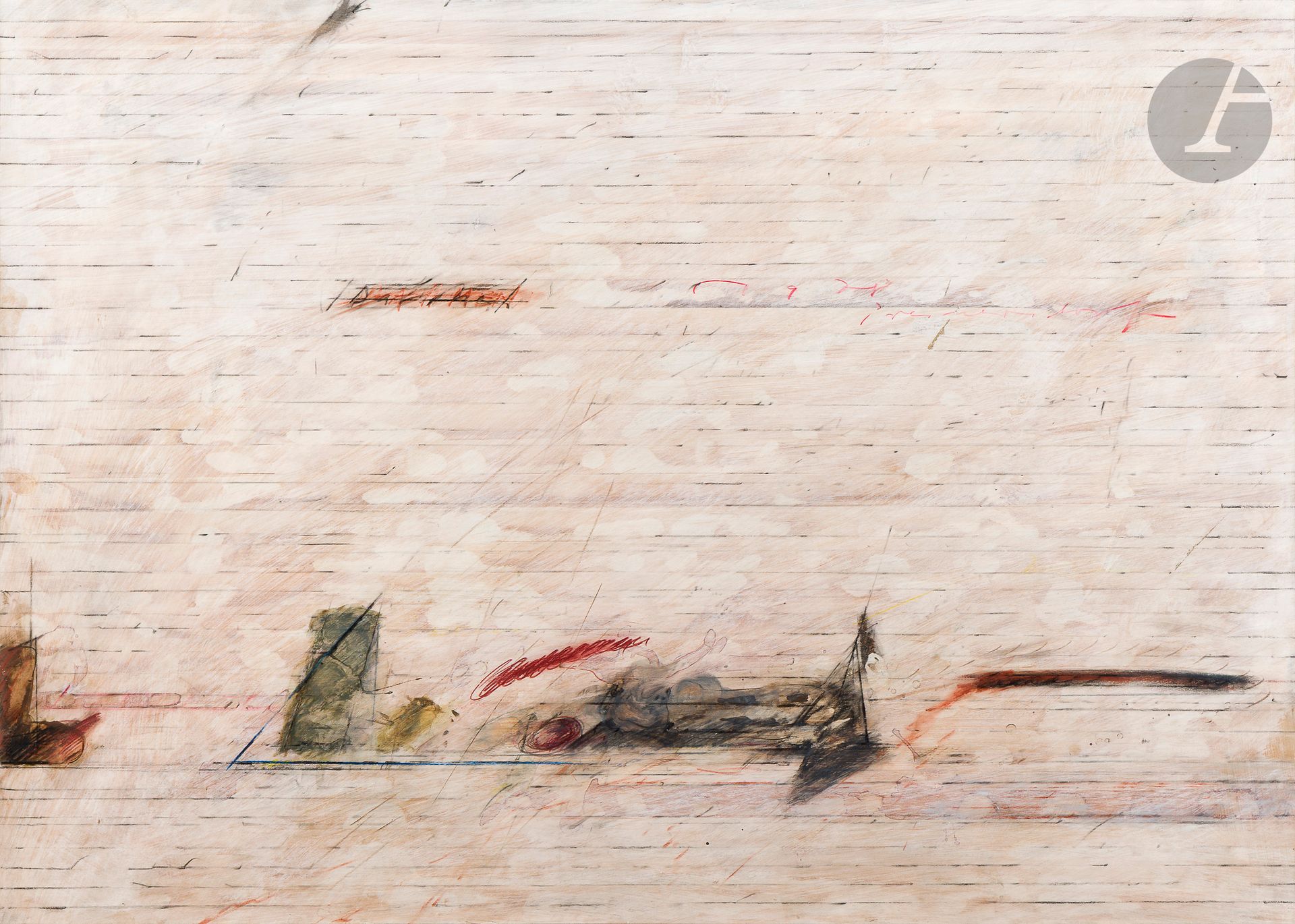 Karl Fred DAHMEN [allemand] (1917-1981)
Des sous fenêtres, 1978
Technique mixte sur papier.
Signée, datée et titrée dans la composition.
61 x 86 cm