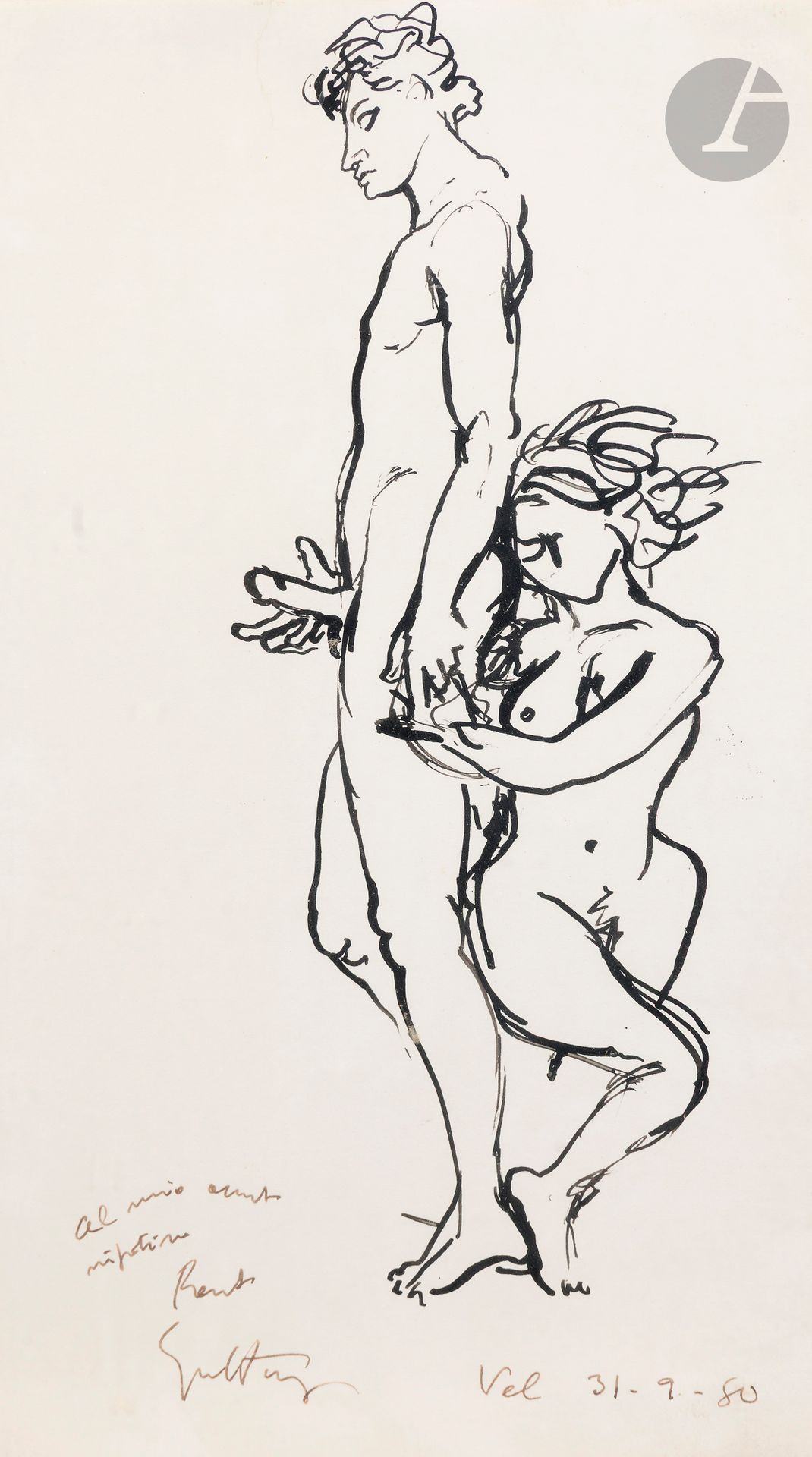 Renato GUTTUSO [Italian] (1912-1987) The Couple, 1980 Ink, signed, dated and dedicated. 37 x 20.5 cm
