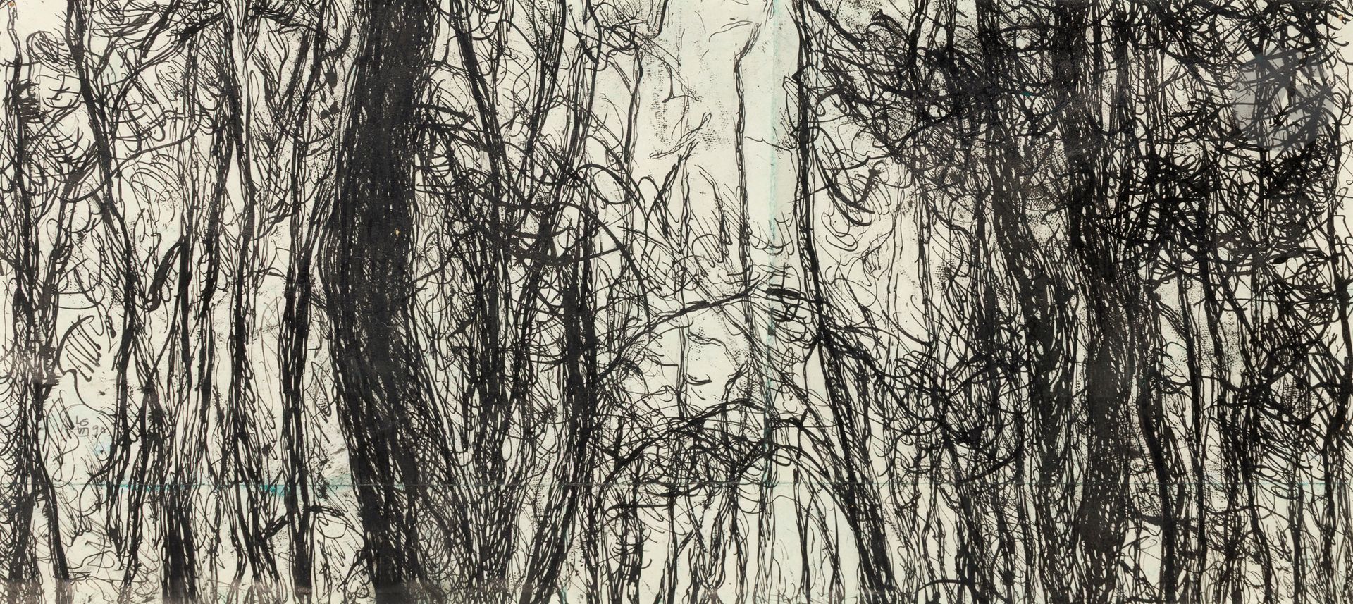 Lionel GUIBOUT (b. 1959) Les Arbres, 1994 Ink Signed, dated and dedicated "Avec amitié pour Sam SZ" on the frame. 14.5 x 31 cm Provenance: Sam and Lilette Szafran Collection.