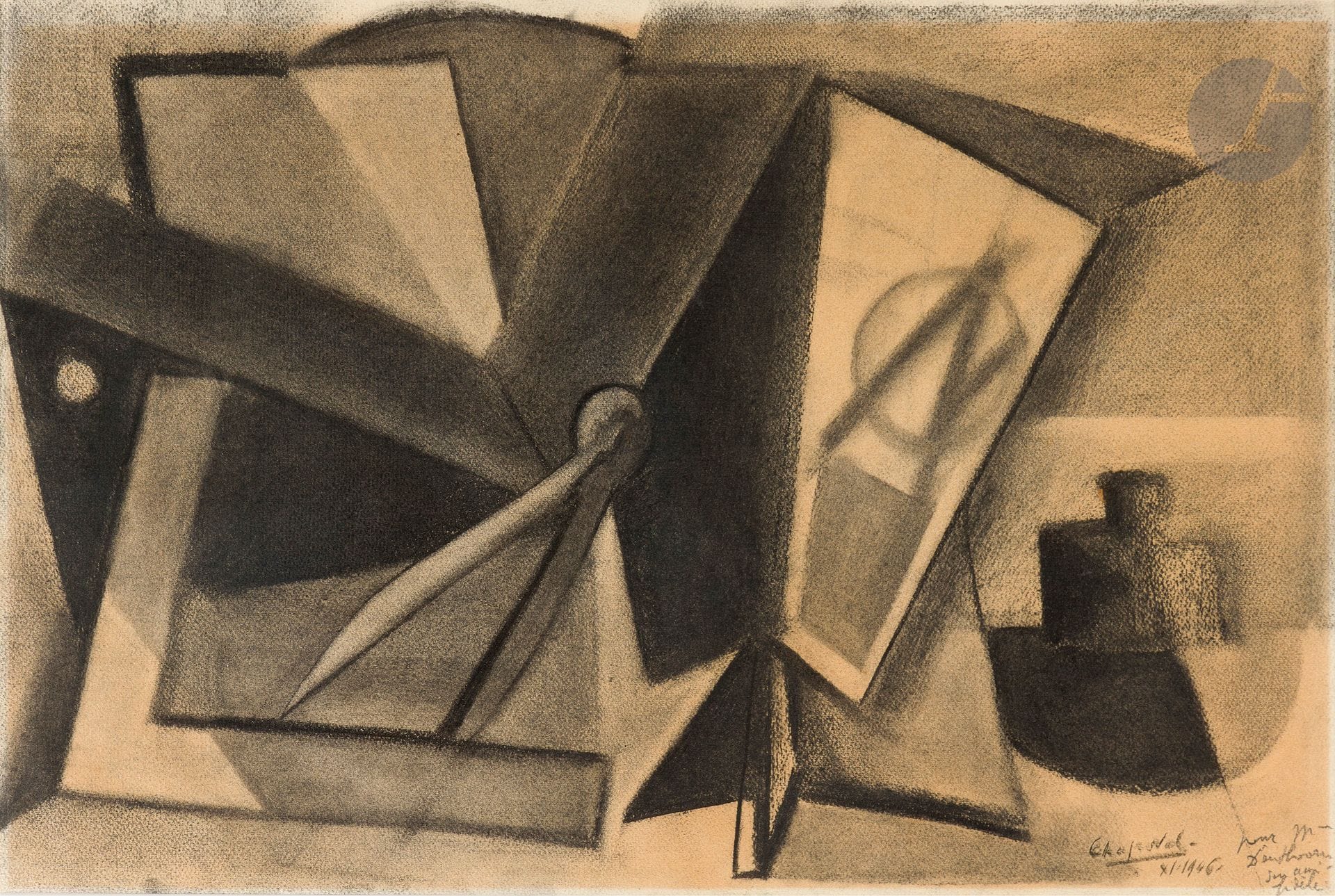 Youla CHAPOVAL (1919-1951) Still life, 1946 Charcoal and chalk on prepared paper. Signed, dated and dedicated lower right. 31 x 48 cm